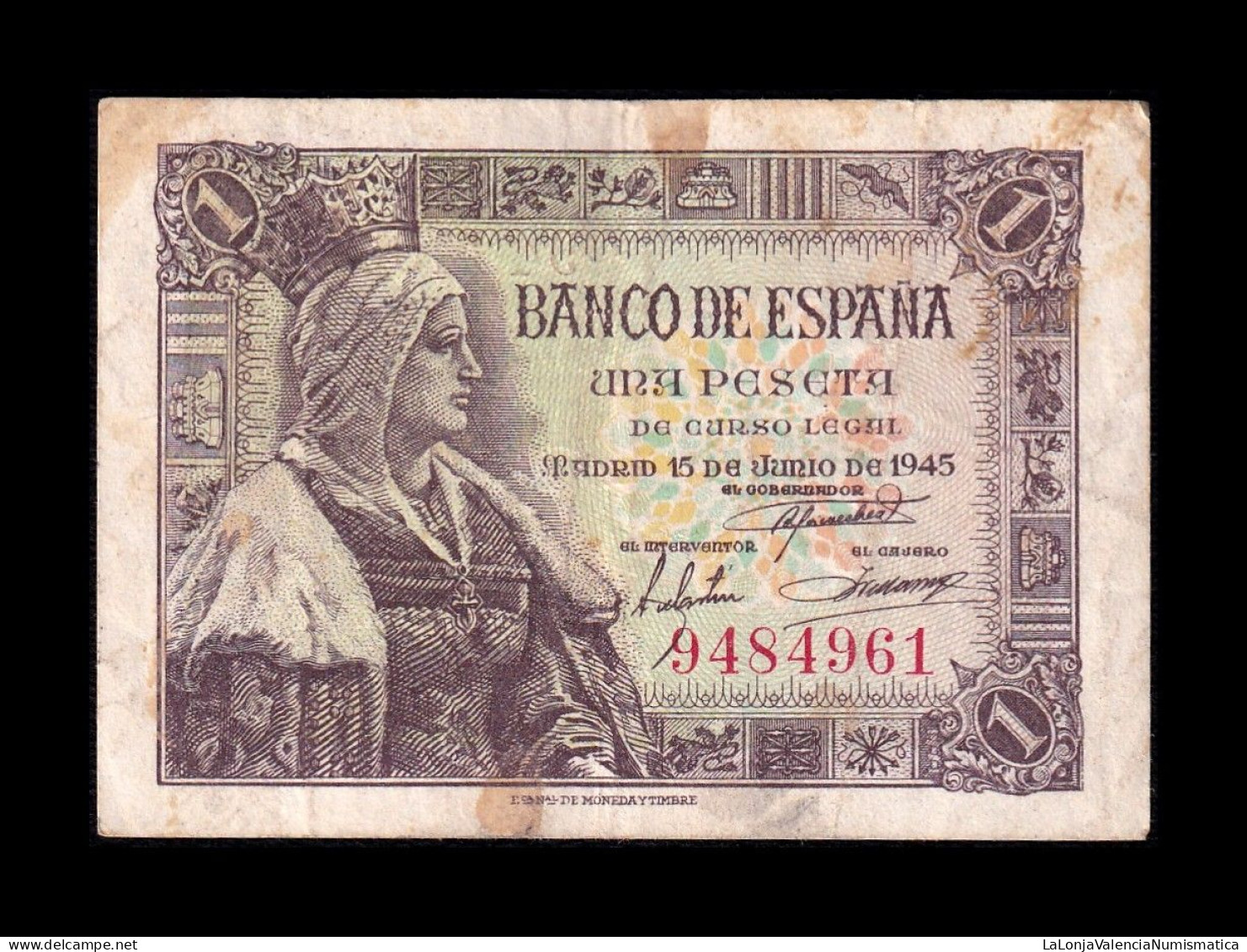 España Spain 1 Peseta Isabel I De Castilla 1945 Pick 128 Sin Serie Ebc Xf - 1-2 Pesetas