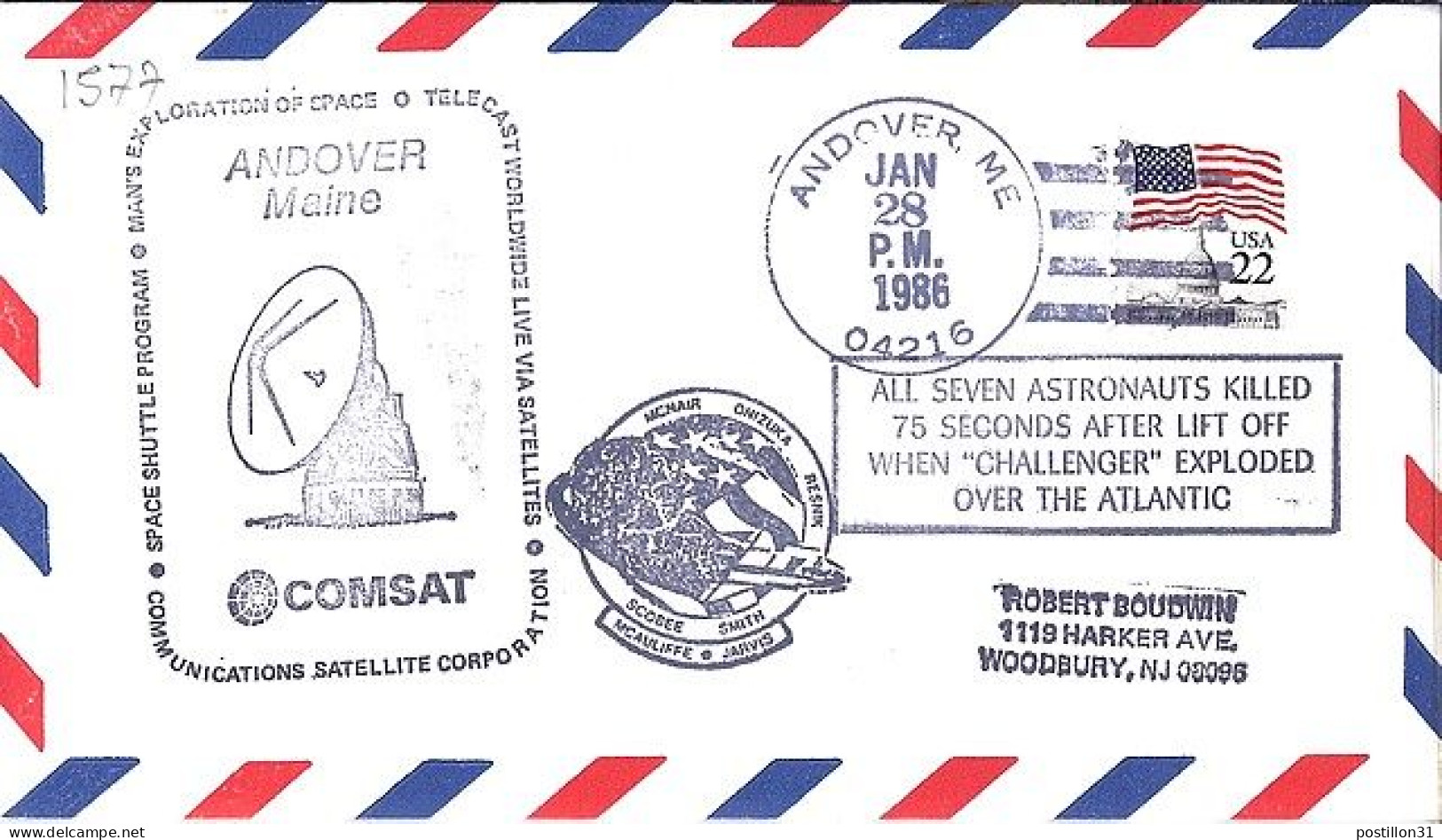 USA-AERO N° 1577 S/L.DE ANDOVER/28.1.86  THEME: NAVETTE SPACIALE EXPLOSION - 3c. 1961-... Covers