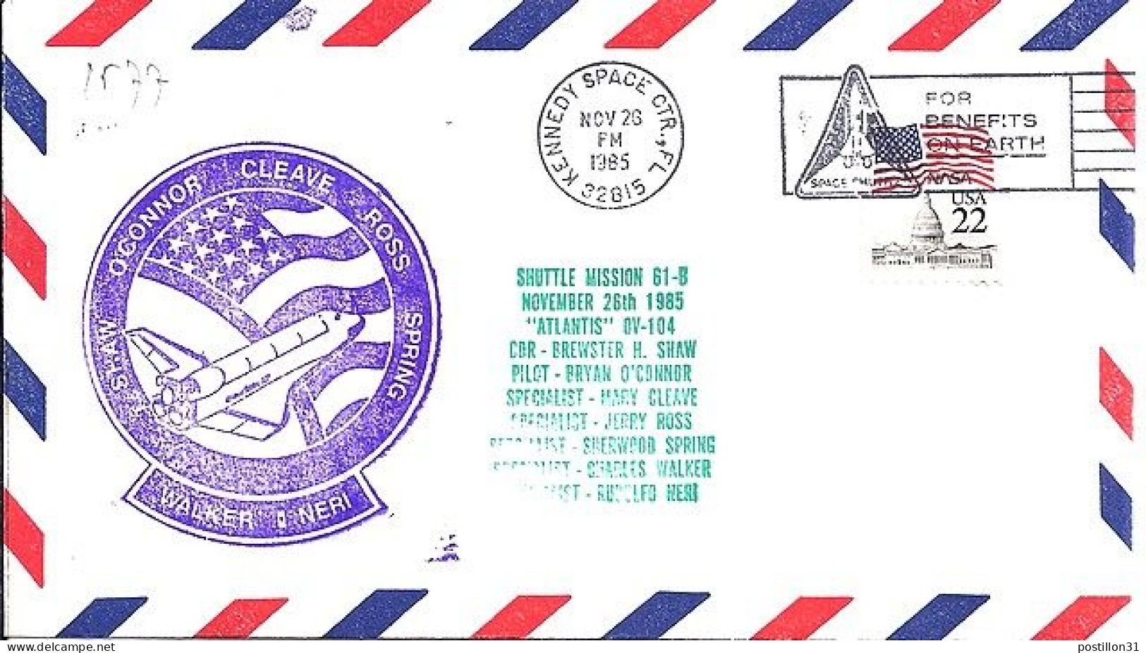 USA-AERO N° 1577 S/L.DE KENEDY SC/26.11.85  THEME: NAVETTE SPACIALE - 3c. 1961-... Covers