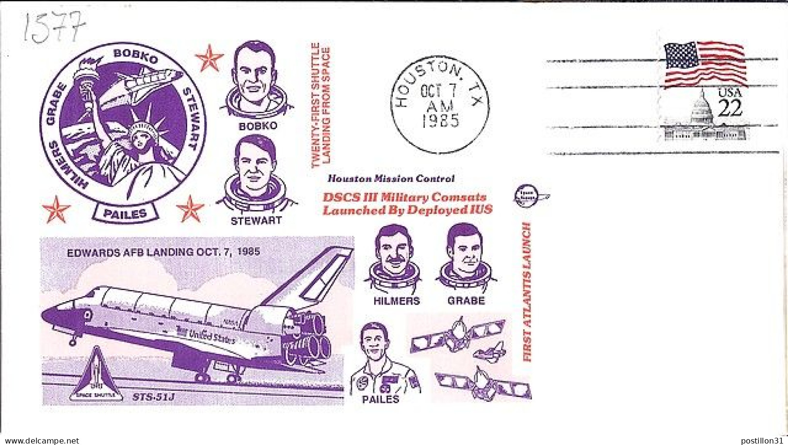 USA-AERO N° 1577 S/L.DE HOUSTON/7.10.85  THEME: NAVETTE SPACIALE - 3c. 1961-... Covers