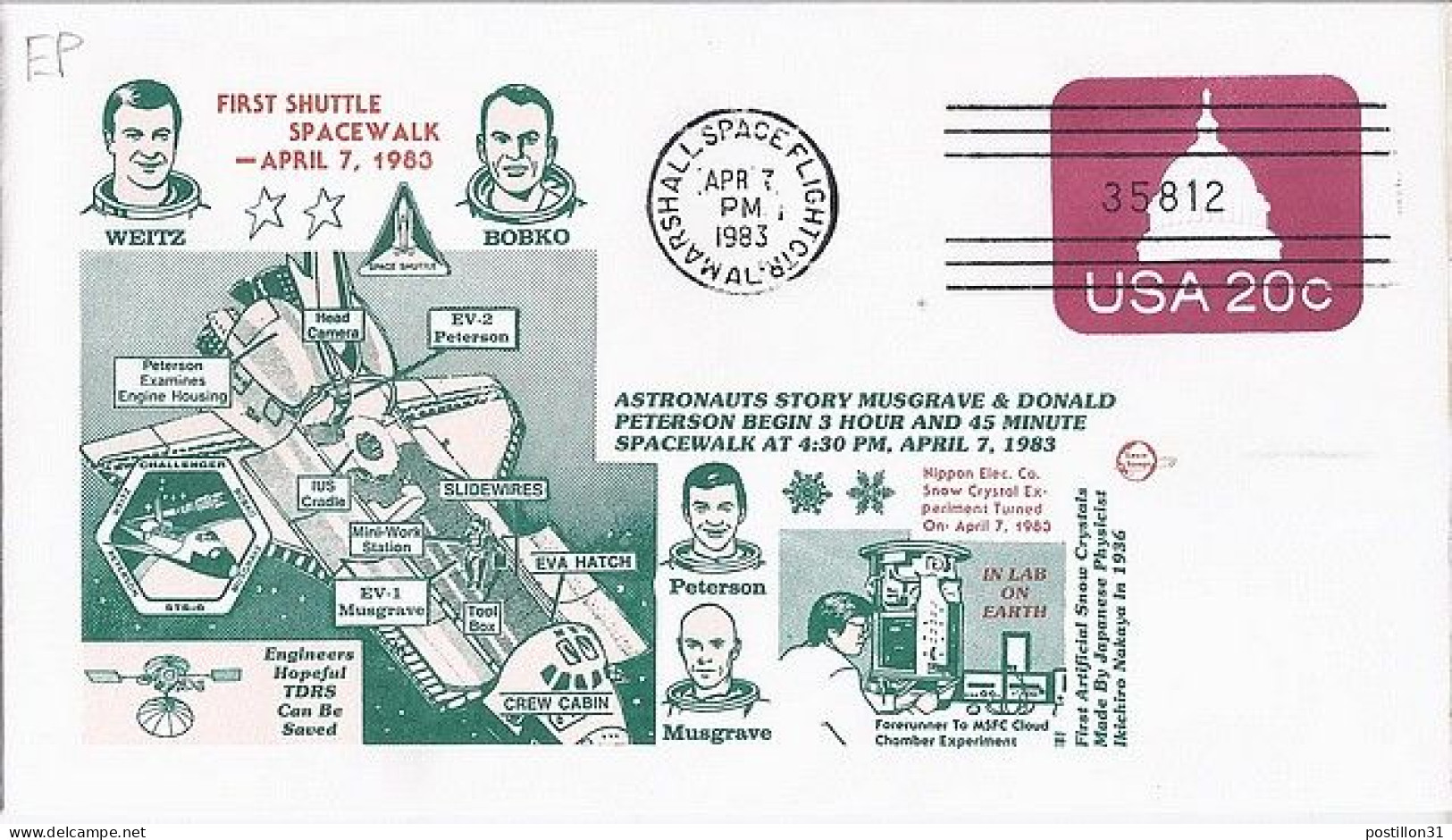 USA-AERO N° ENTIER DE MARSHALL SPACE/7.4.83  THEME: NAVETTE SPACIALE - 3c. 1961-... Storia Postale