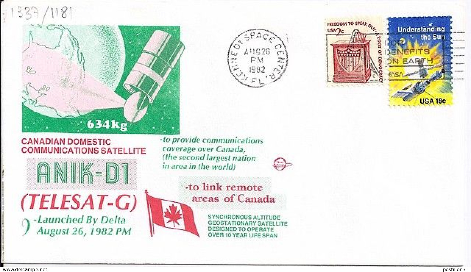 USA-AERO N° 1337/1181 S/L.DE KENEDY SC/26.8.82  THEME: SATELLITE TELESAT G - 3c. 1961-... Storia Postale