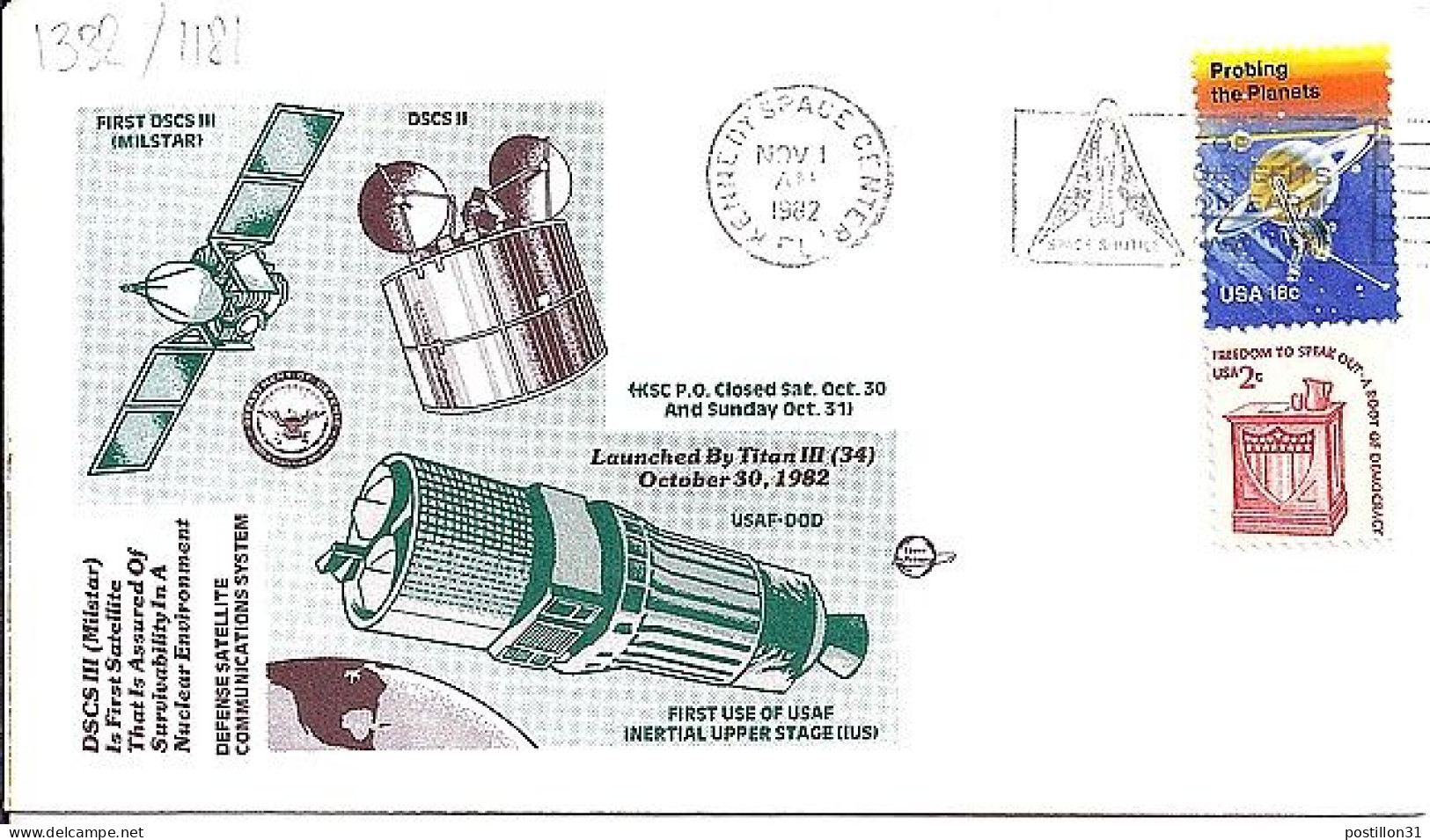 USA-AERO N° 1332/1181 S/L.DE KENEDY SC/1.11.82  THEME: SATELLITE MILITAIRE - 3c. 1961-... Storia Postale