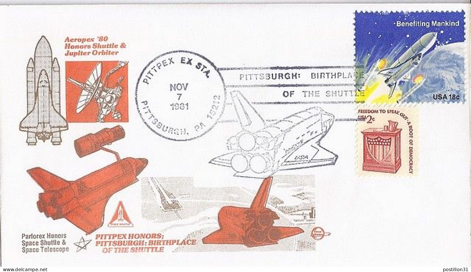 USA-AERO N° 1333+COMPL.S/L.DE PITTSBURG/7.11.81  THEME: NAVETTE SPACIALE - 3c. 1961-... Briefe U. Dokumente