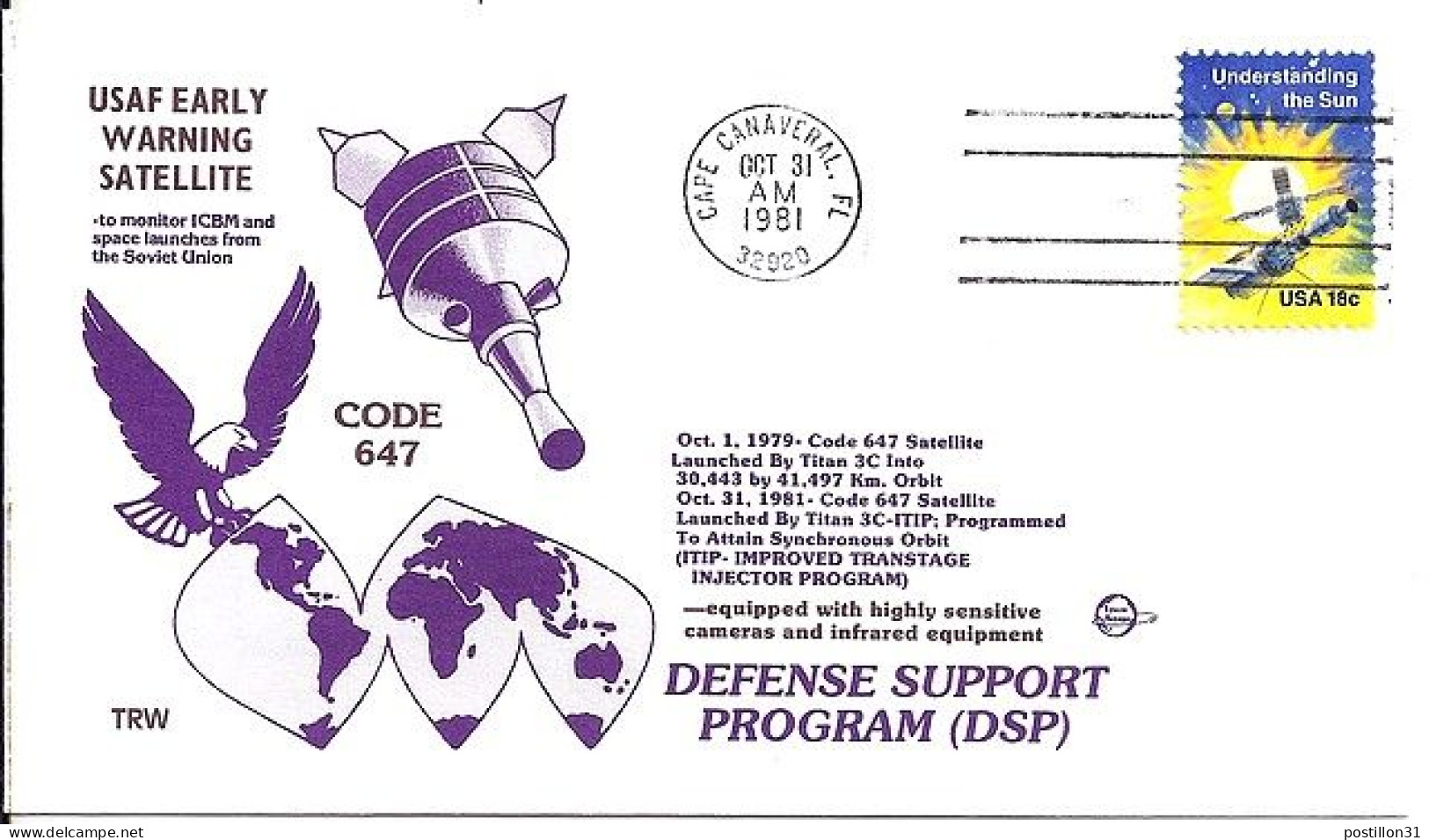 USA-AERO N° 1337 S/L.DE CAPE CANAVERAL/31.10.81  THEME: SATELLITE ESPION - 3c. 1961-... Covers