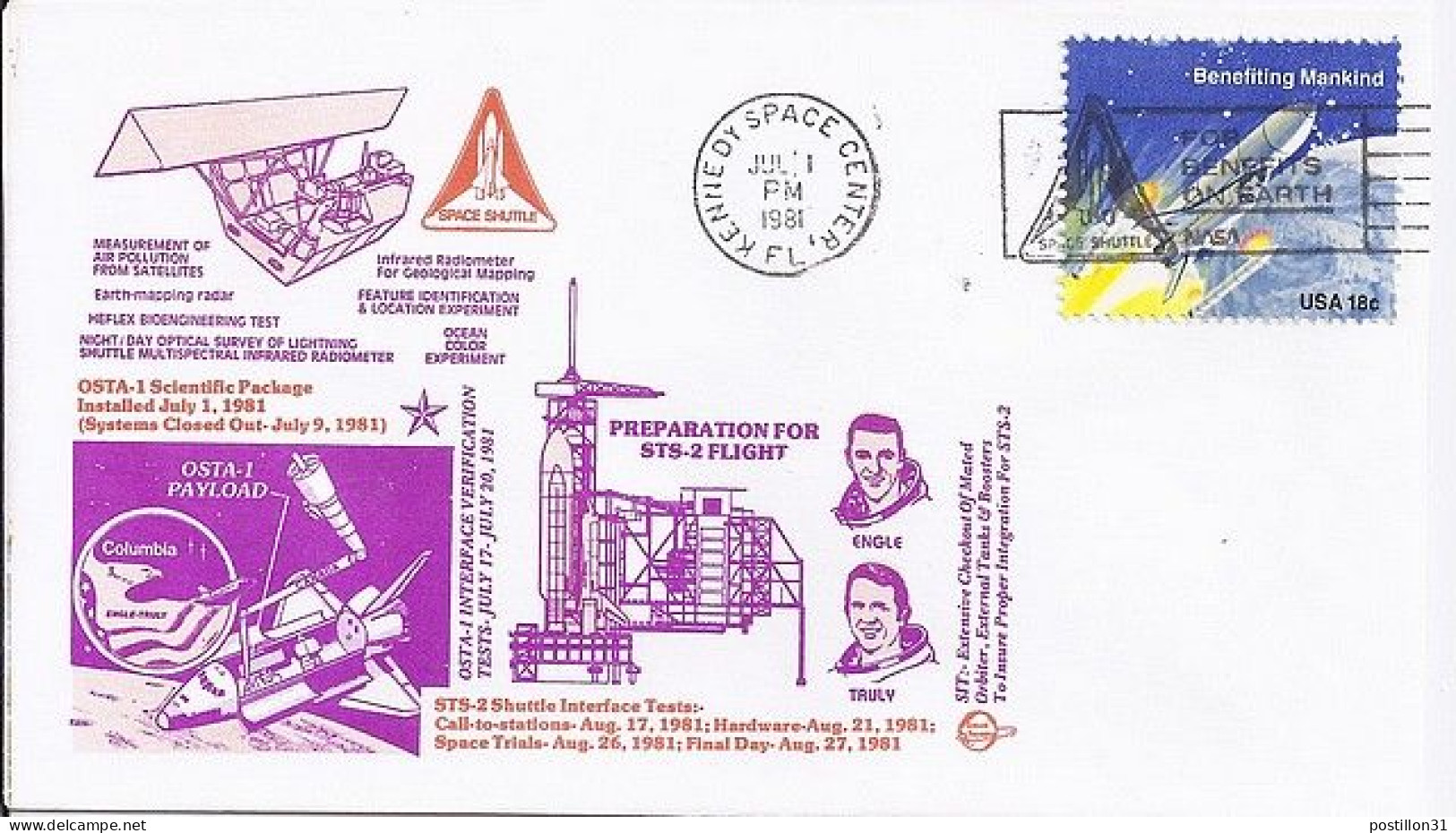 USA-AERO N° 1333 S/L.DE KENEDY SPACE CENTER/1.7.81 SIMULATEUR NAVETTE - 3c. 1961-... Lettres
