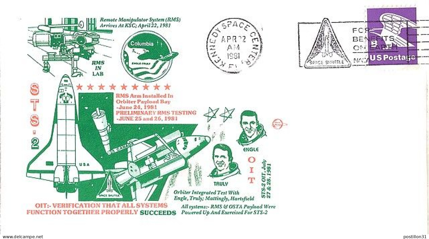 USA-AERO N° 1339 S/L.DE KENNEDY SPACE CENTER/22.4.81 THEME: SIMULATEUR NAVETTE - 3c. 1961-... Storia Postale