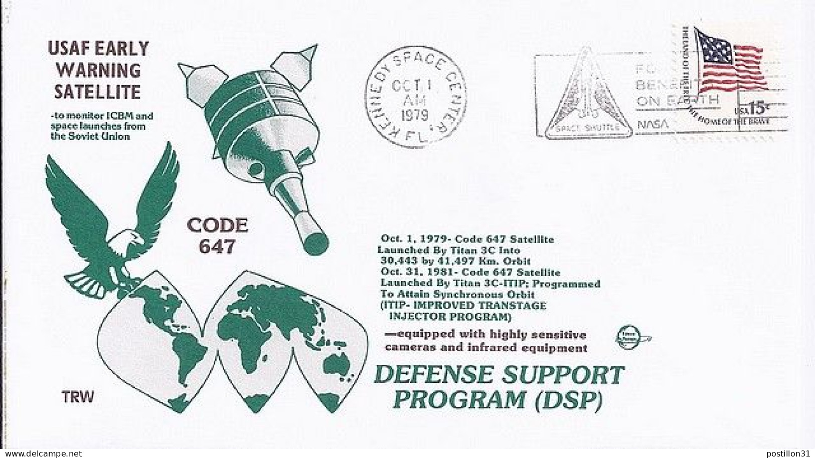 USA-AERO N° 1204 S/L.DE KENNEDY SPACE CENTER/1.10.79 THEME: PROGRAM DPS - 3c. 1961-... Storia Postale