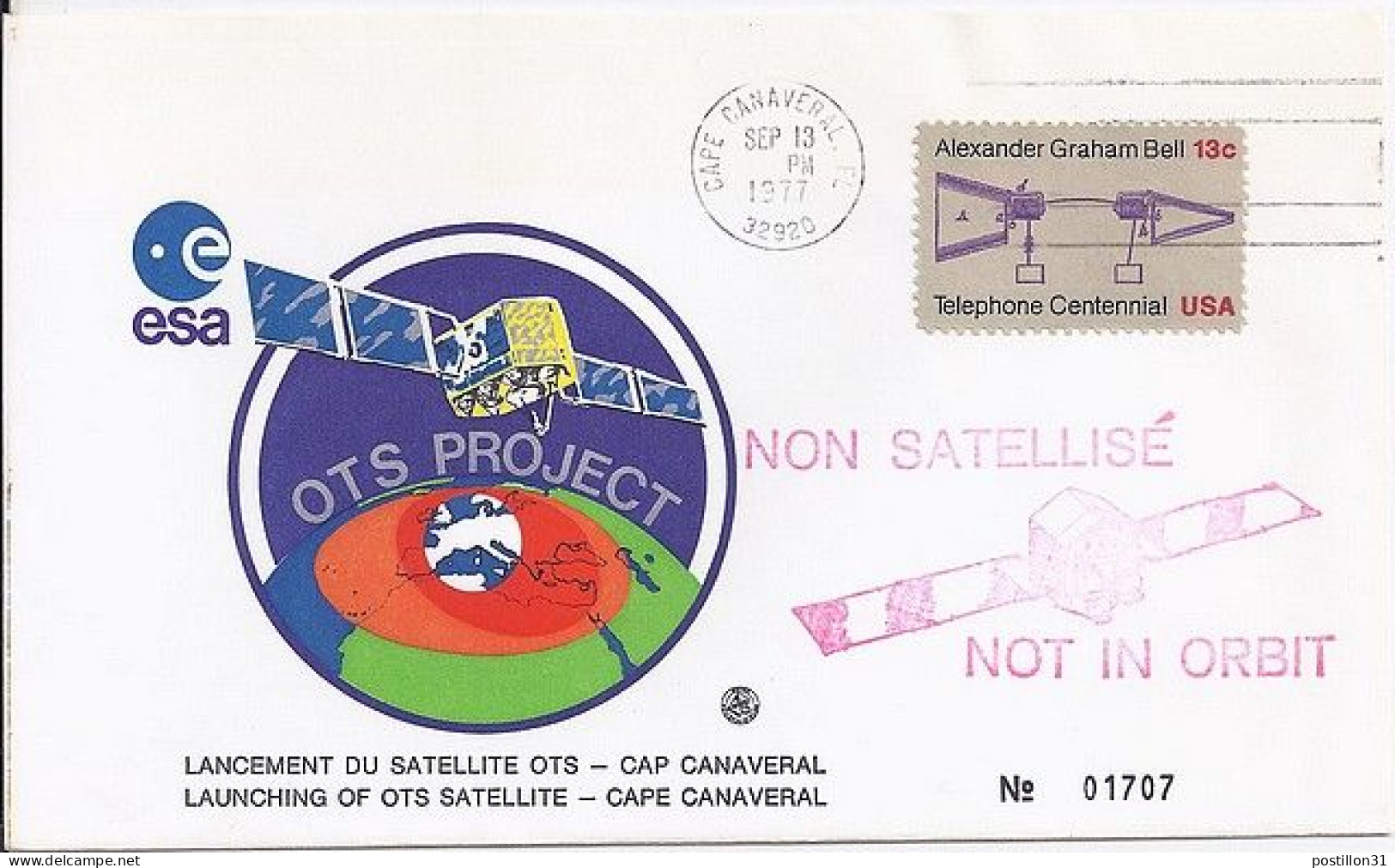 USA-AERO N° 1132 S/L.DE CAPE CANAVERAL/13.9.77  THEME: SATELLITE OTS - 3c. 1961-... Cartas & Documentos