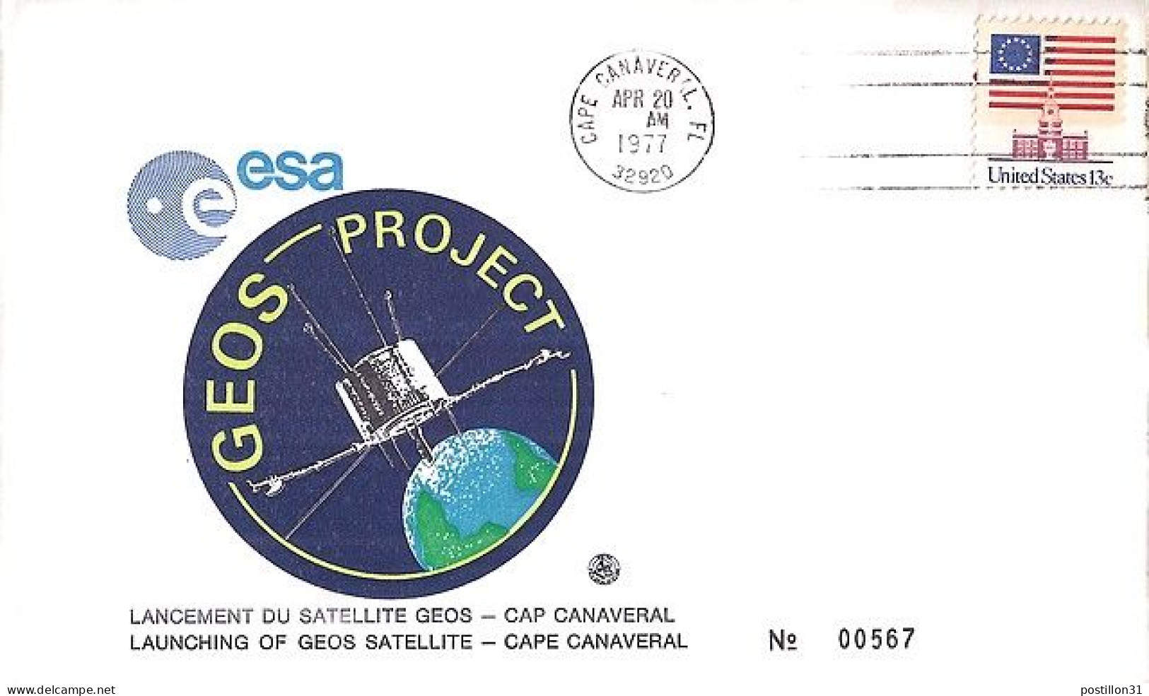 USA-AERO N° 1076A S/L.DE CAPE CANAVERAL/20.4.77  THEME: SATELLITE GEOS - 3c. 1961-... Covers