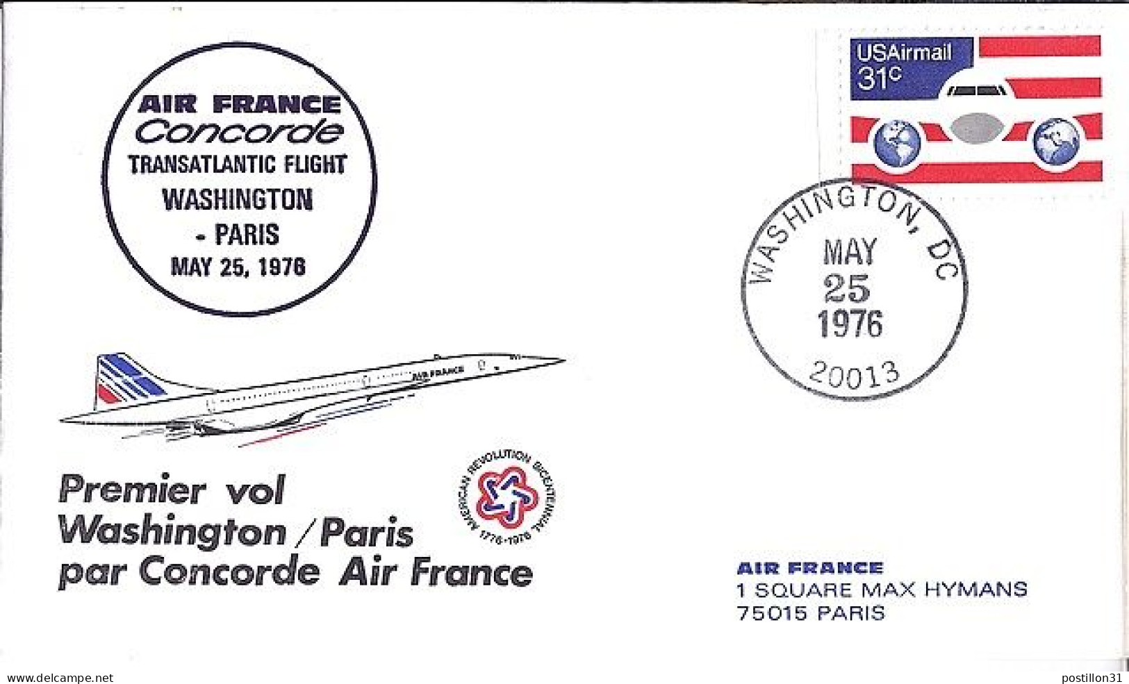 USA-AERO N° PA84 S/L.DE WASHINGTON/25.5.76  THEME: 1° VOL CONCORDE WASHINGTON-PARIS - 3c. 1961-... Covers