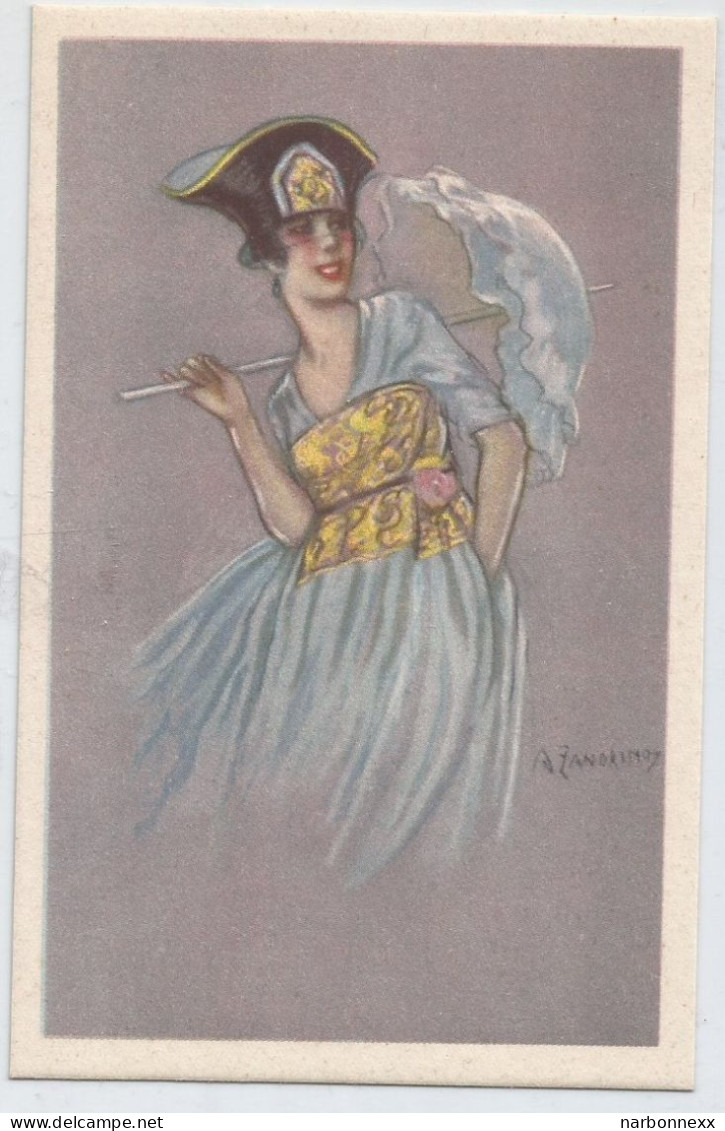 Zandrino. 23-5.  Belle Carte. Femme Chapeau Noir Et Parasol Blanc - Zandrino