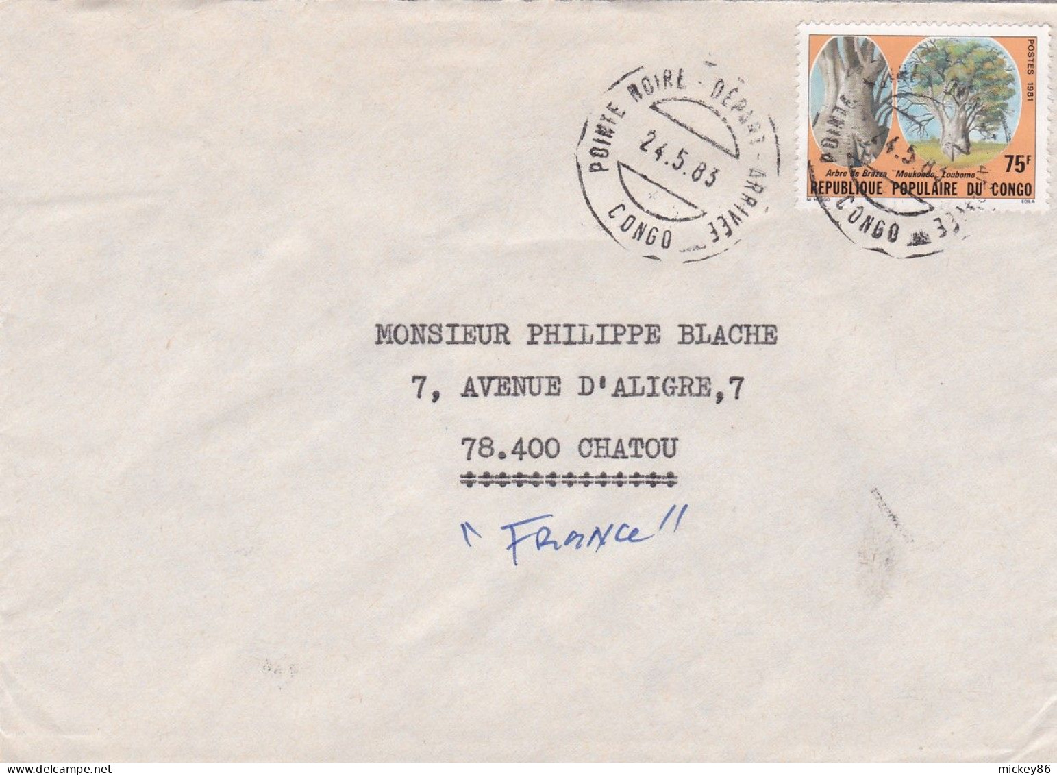 CONGO--1983--Lettre De POINTE NOIRE Pour CHATOU (France)... Timbre (arbre) Seul Sur Lettre..cachet Dpt Arrivée - Other & Unclassified