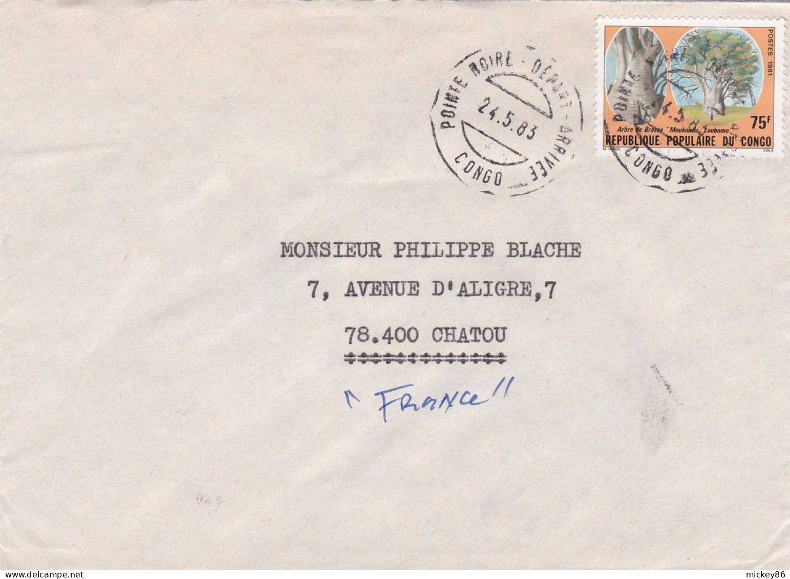 CONGO--1983--Lettre De POINTE NOIRE Pour CHATOU (France)... Timbre (arbre) Seul Sur Lettre..cachet Dpt Arrivée - Altri & Non Classificati