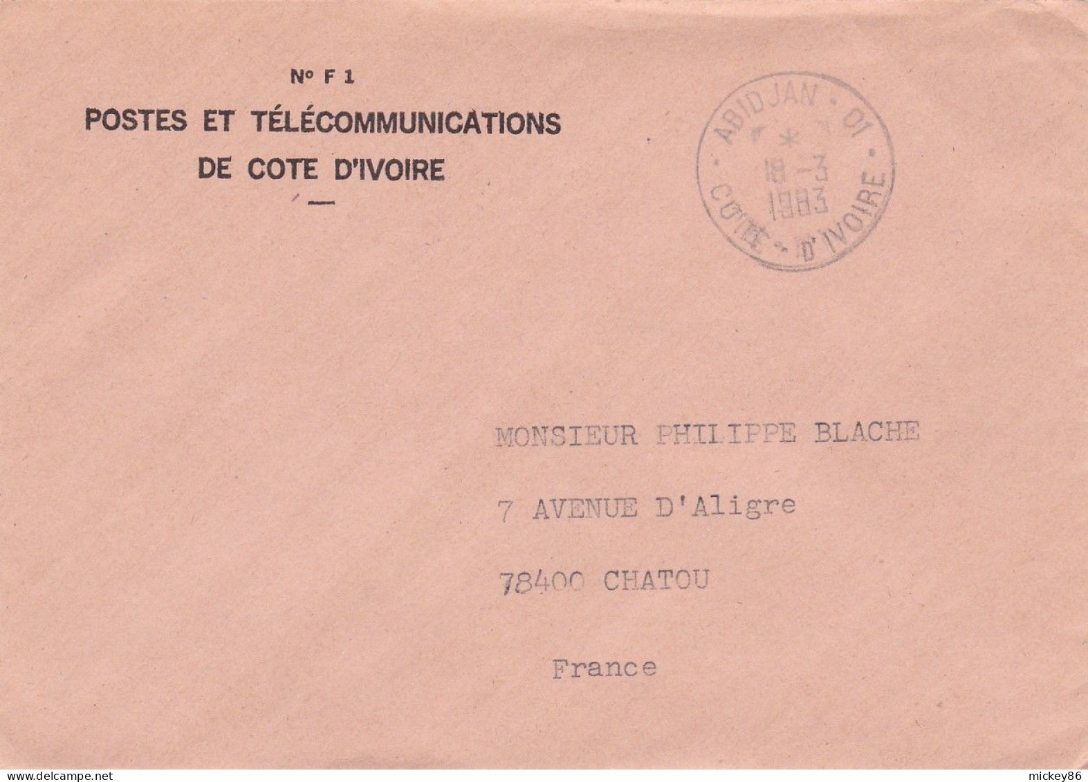 COTE D'IVOIRE --1983--Lettre D'ABIDJAN 01 Pour CHATOU (France)..lettre Enveloppe De Service Postal -beau Cachet - Ivory Coast (1960-...)