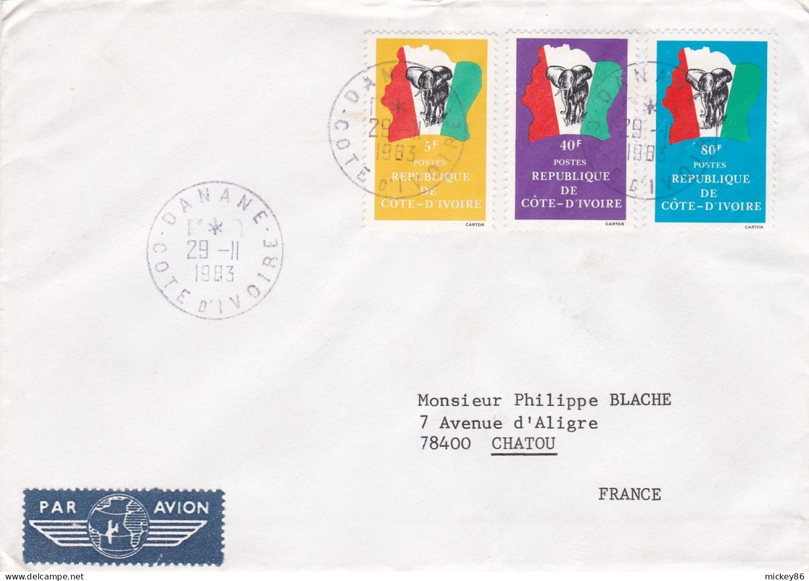 COTE D'IVOIRE--1983--Lettre De DANANE  Pour CHATOU (France)..Composition De Timbres (éléphants) -beau Cachet - Ivory Coast (1960-...)