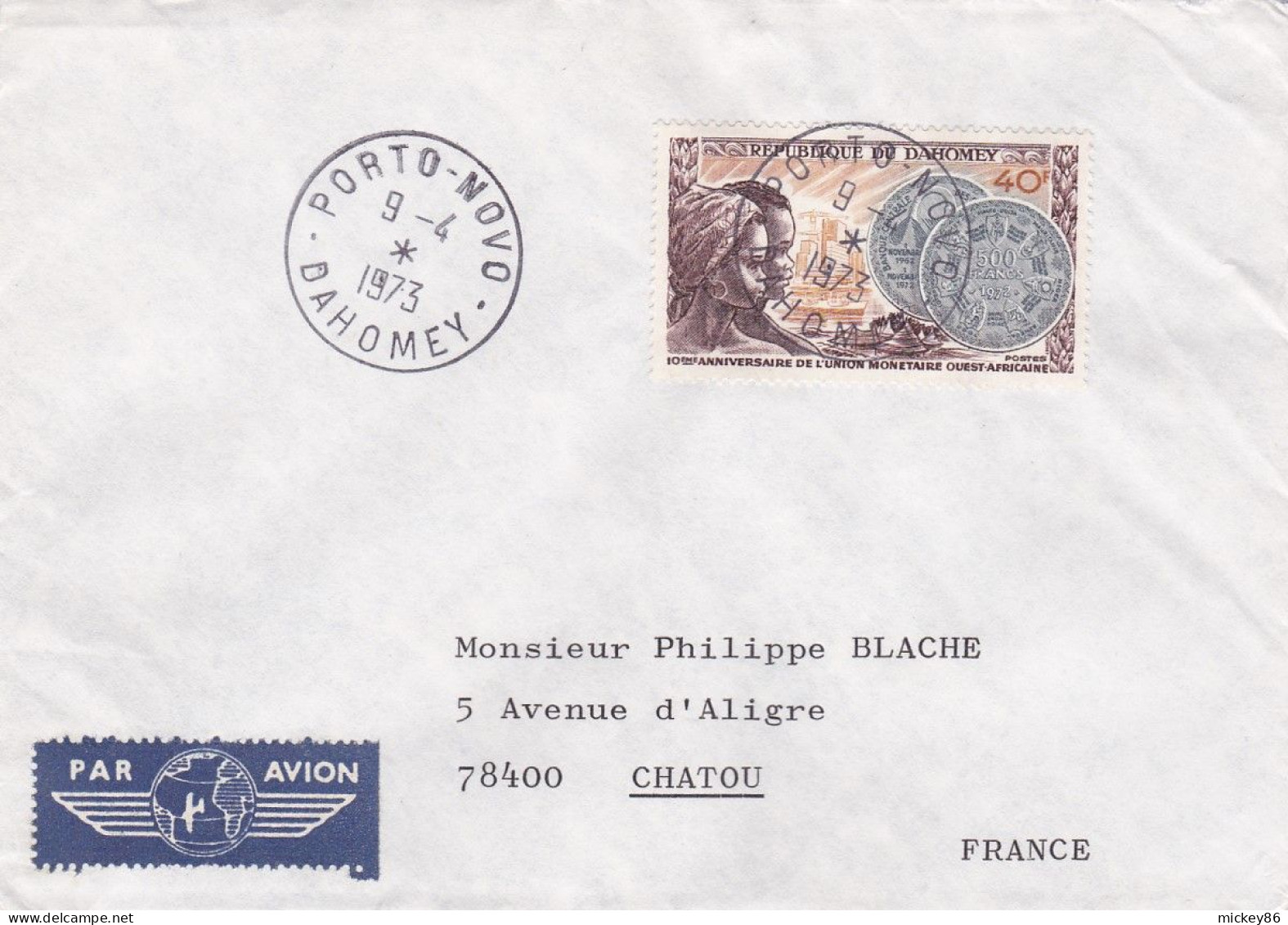 DAHOMEY--1973--Lettre De PORTO-NOVO  Pour CHATOU (France)..tp Monnaies Seul Sur Lettre - Bénin – Dahomey (1960-...)