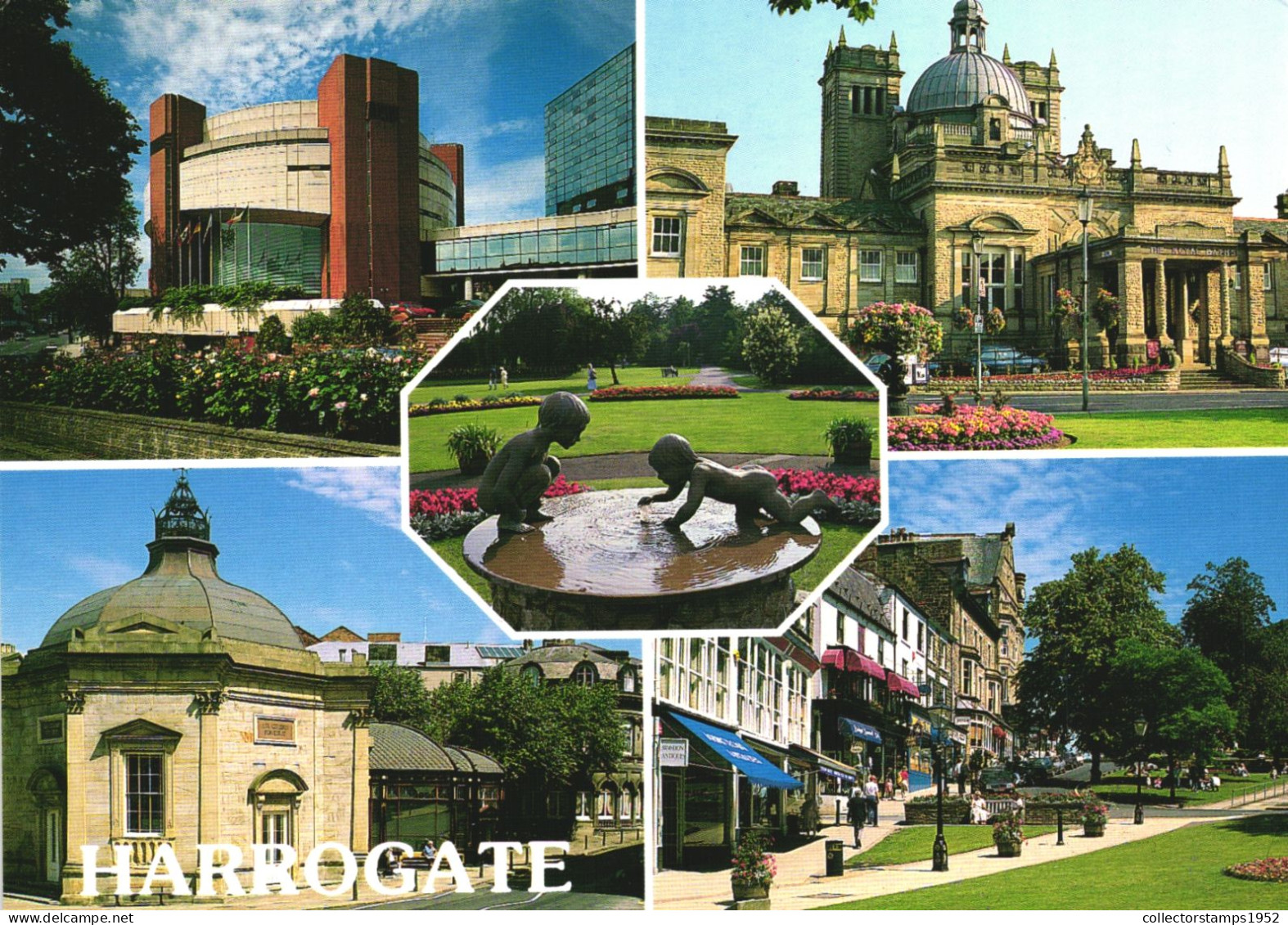 HARROGATE, YORKSHIRE, MULTIPLE VIEWS, ARCHITECTURE, PARK, STATUE, FOUNTAIN, ENGLAND, UNITED KINGDOM, POSTCARD - Harrogate