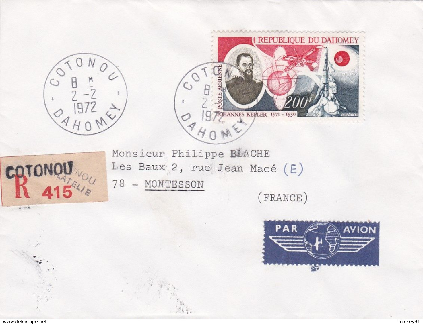 DAHOMEY--1972--Lettre Recommandée De COTONOU  Pour MONTESSON (France)..tp J.Kepler Seul Sur Lettre..cachets - Benin - Dahomey (1960-...)