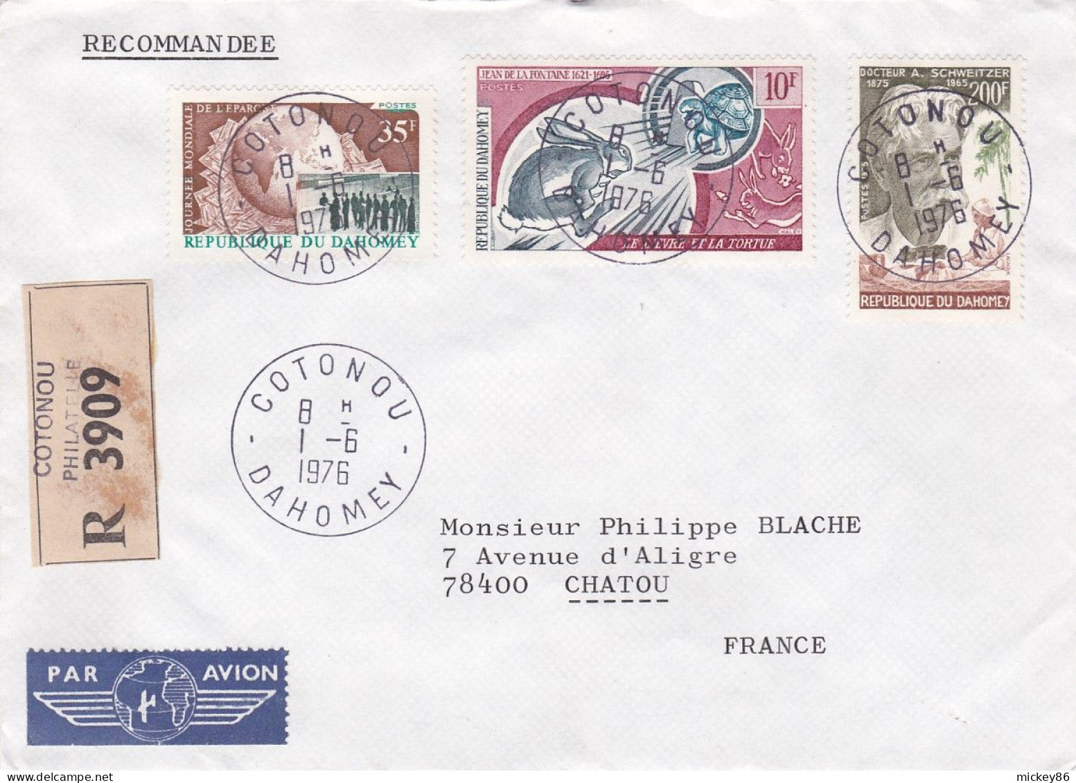 DAHOMEY--1976--Lettre Recommandée De COTONOU  Pour CHATOU (France)..tps (La Fontaine,Dr Schweitzer ) Sur Lettre..cachets - Bénin – Dahomey (1960-...)