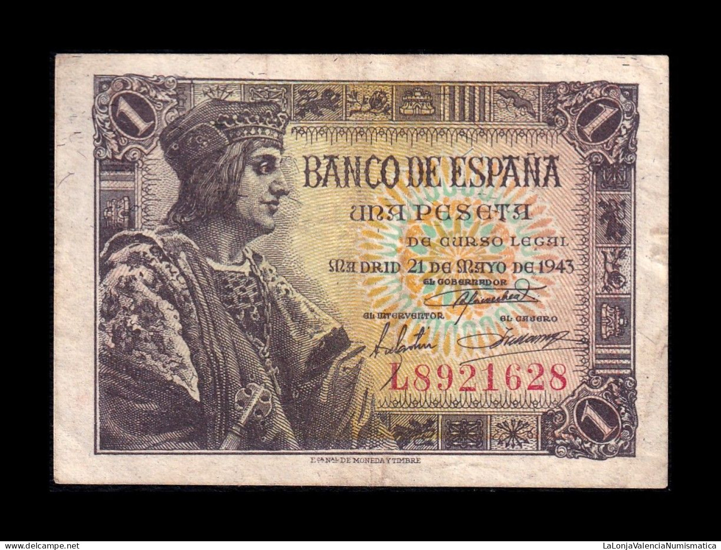 España Spain 1 Peseta Fernando II De Aragón 1943 Pick 126 Serie L Mbc Vf - 1-2 Pesetas