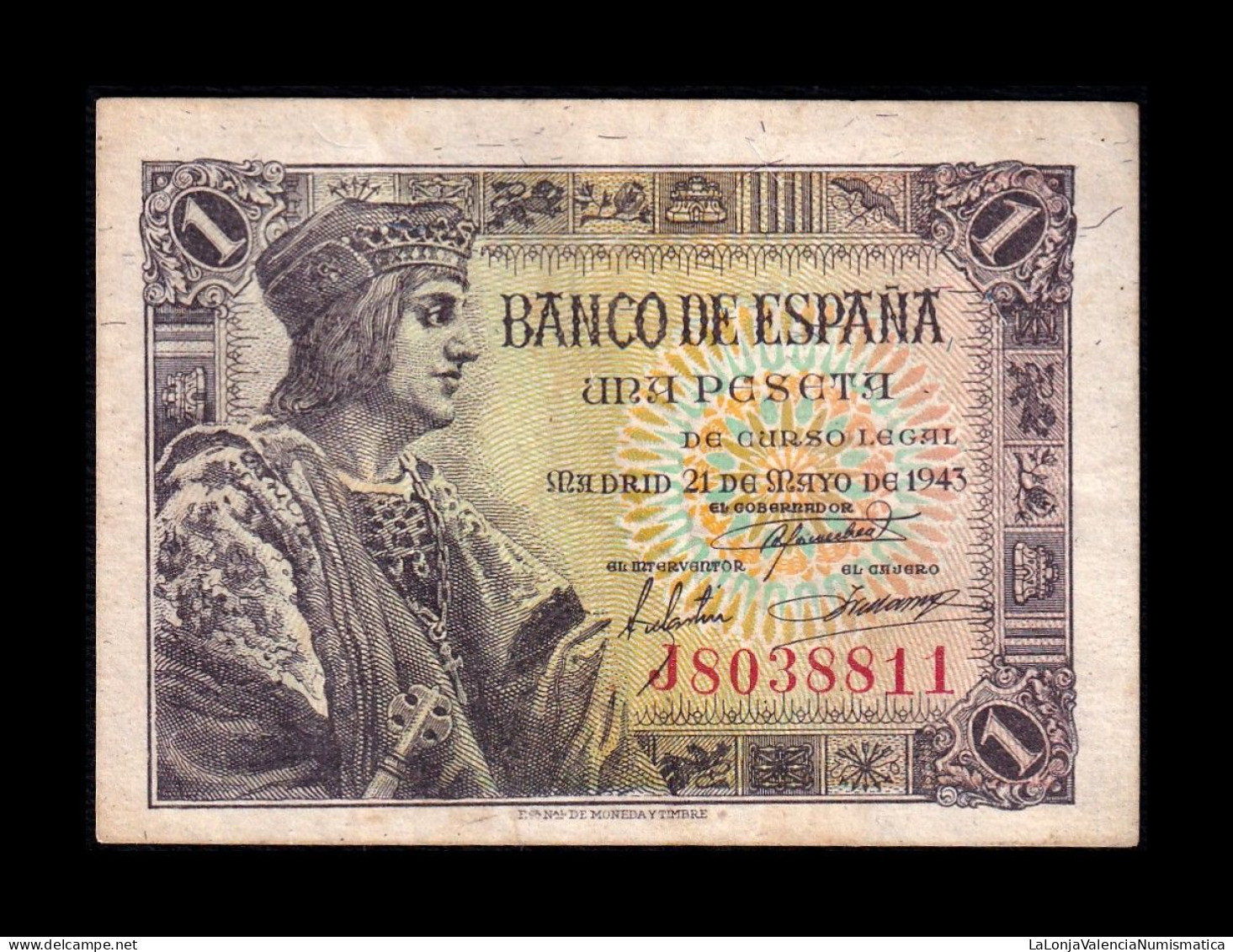 España Spain 1 Peseta Fernando II De Aragón 1943 Pick 126 Serie J Mbc Vf - 1-2 Peseten