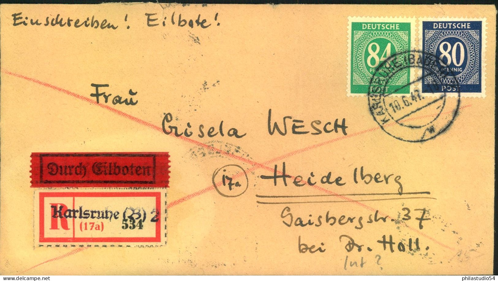 1947, Einschreiben / Eilboten Aus KARLSRIHE Mit Not-R-ettel Nit 80 Und 84 Pfg. Ziffer - Storia Postale