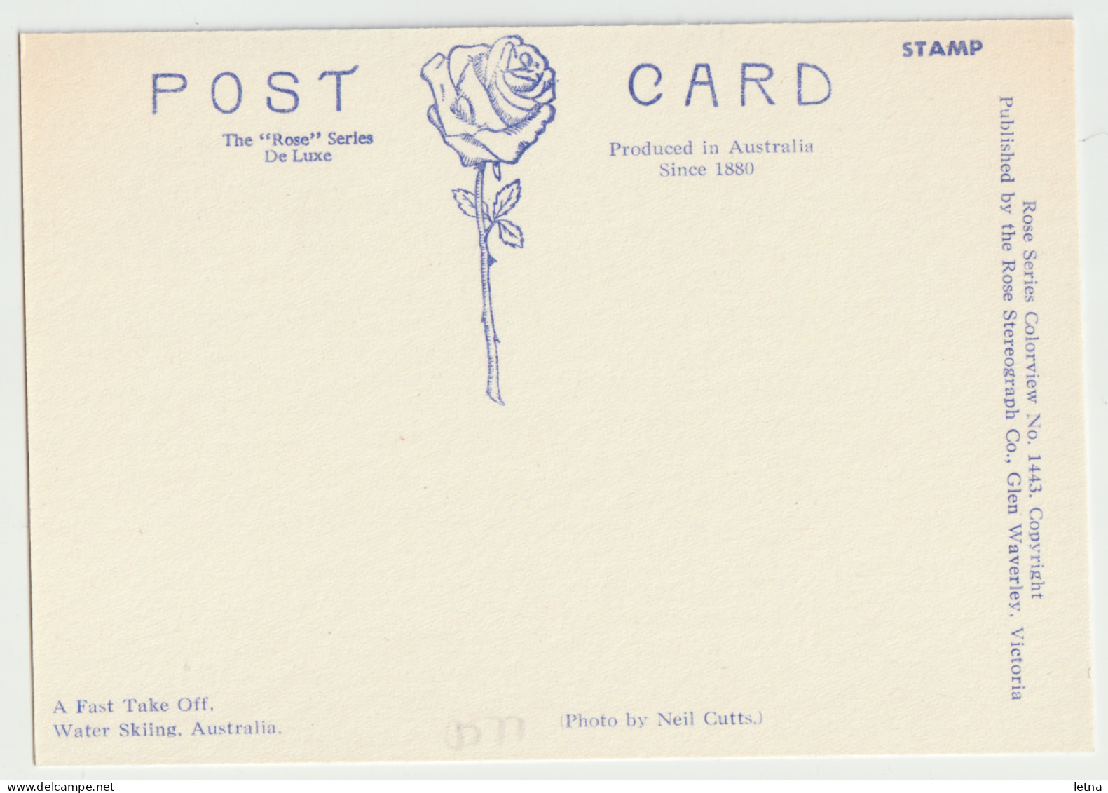 Australia VICTORIA VIC Water Skiing Rose Series No.1443 Postcard C1970s - Andere & Zonder Classificatie