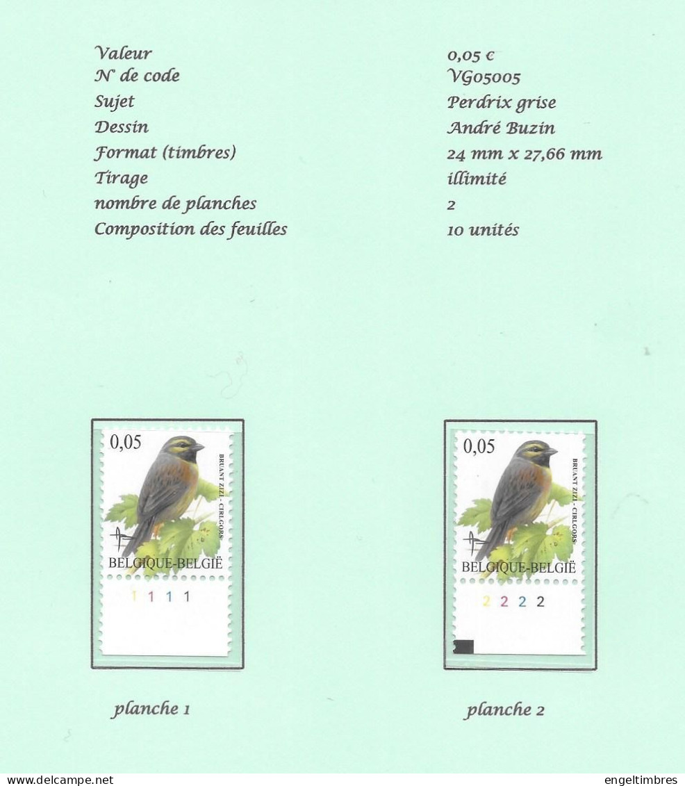 Belgium -  2005 BUZIN Birds -CIRLGORS/Bruant ZIZI  Plaatnummers 1 - 2 Postfris - Zie Scan - 2011-..