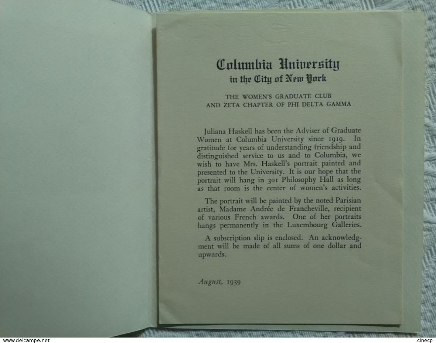 CPA USA NEW YORK COLUMBIA UNIVERSITY THE WOMEN'S GRADUATE CLUB AND ZETA CHAPTER OF THE PHI DELTA GAMMA 1939 - Enseignement, Écoles Et Universités