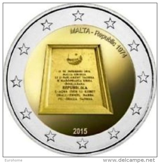 Malta 2015    2 Euro Commemo  Republiek 1974 !! UNC Uit De Rol - UNC Du Rouleaux !! - Malta