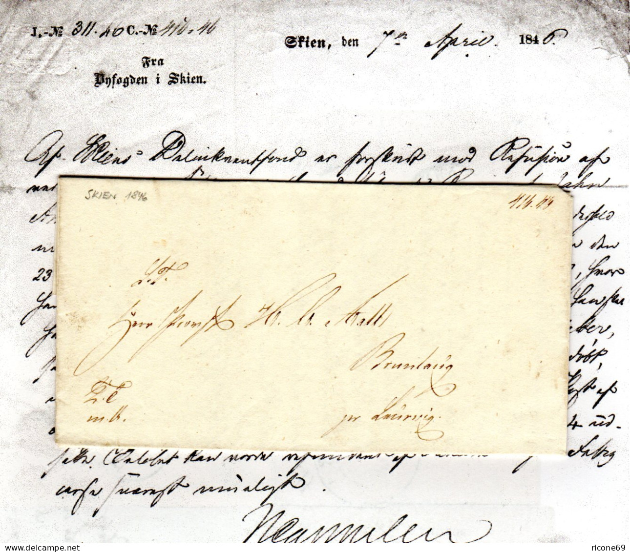 Norwegen 1846, Brief Fra Byfogden Skien N. Brunlaug Pr. Laurvig - Briefe U. Dokumente