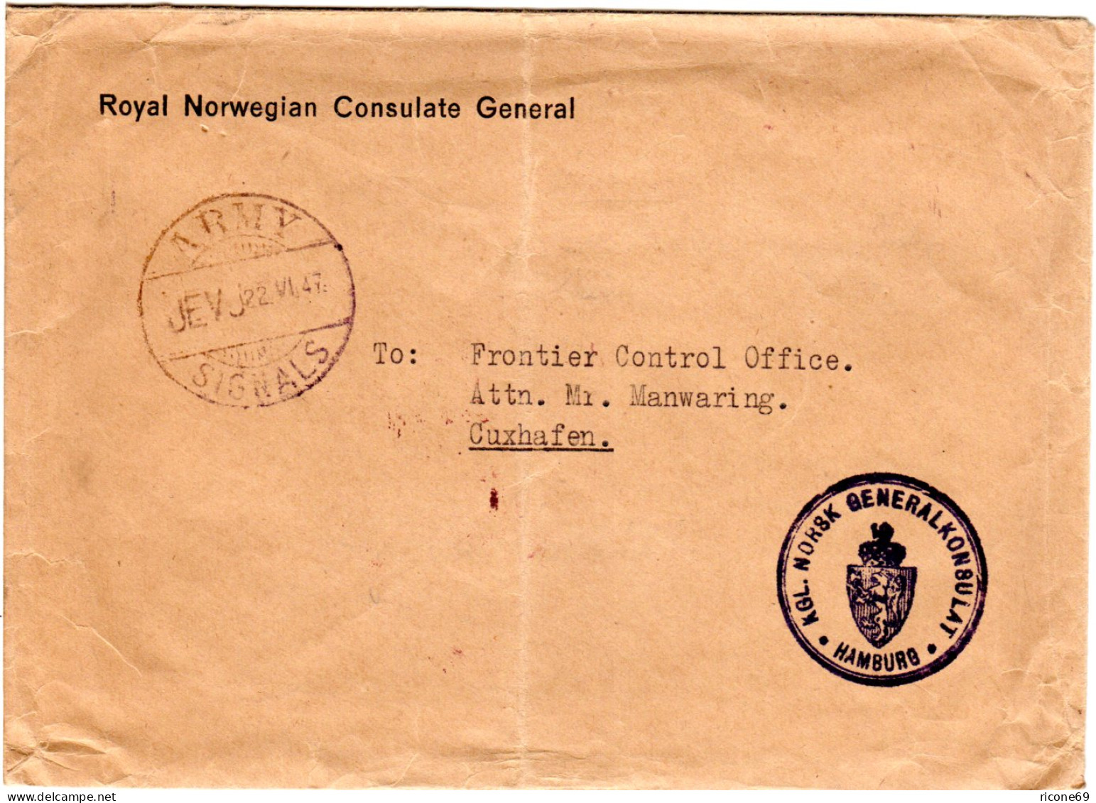 Norwegen 1947, Stpl. ARMY SIGNALS Auf Vordruck Brief Des Norw. Konsulats Hamburg - Brieven En Documenten