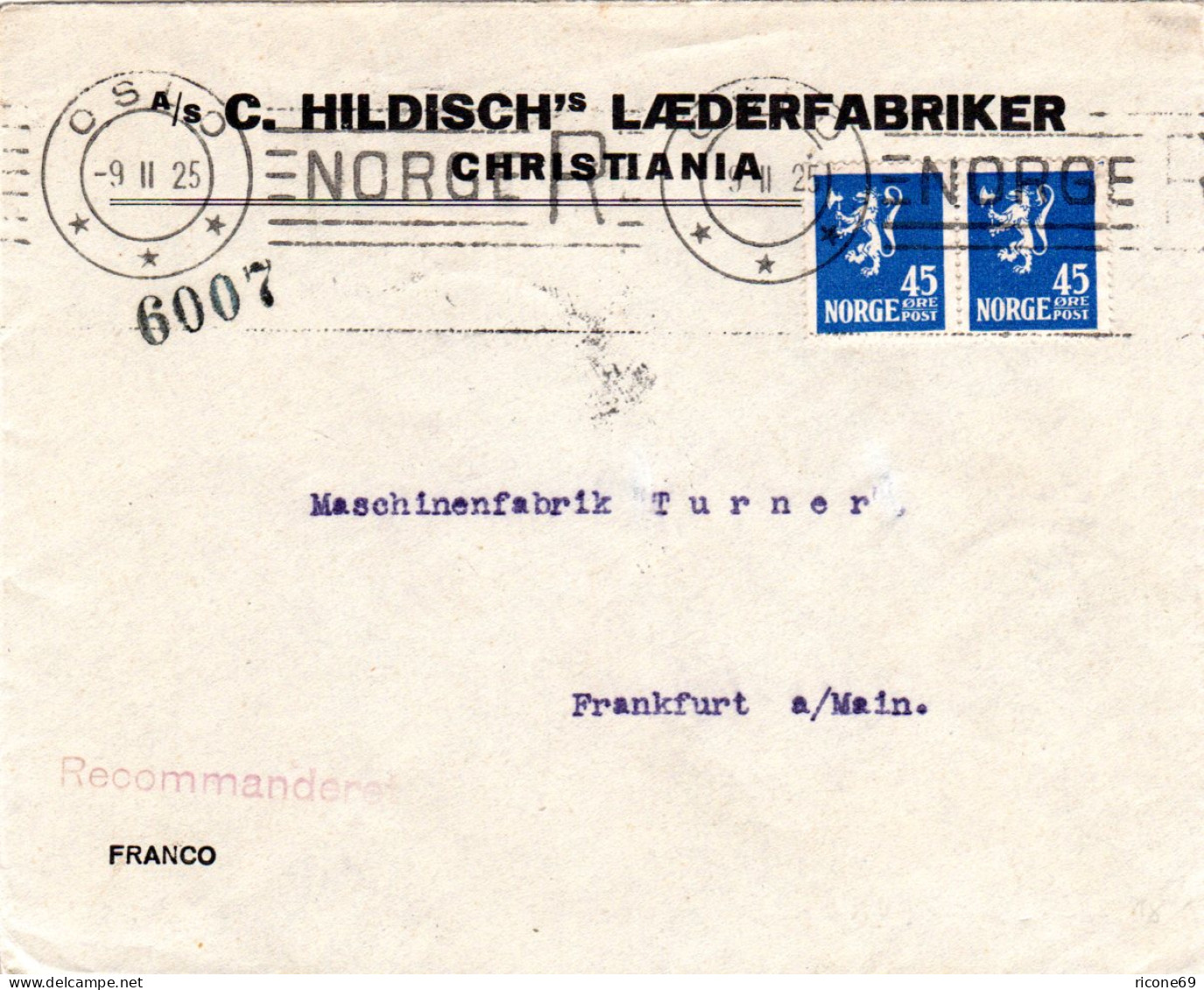 Norwegen 1925, MeF Paar 45 öre Auf Brief M. Reko Maschinenstempel V. Oslo - Covers & Documents