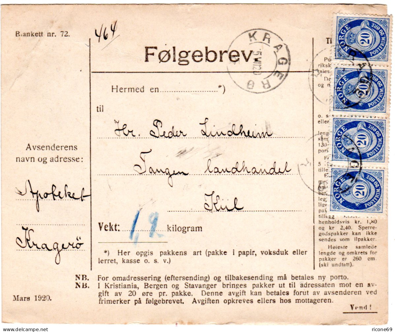 Norwegen 1920, MeF 4er-Streifen 20 öre Auf Paketkarte V. Kragerö - Brieven En Documenten