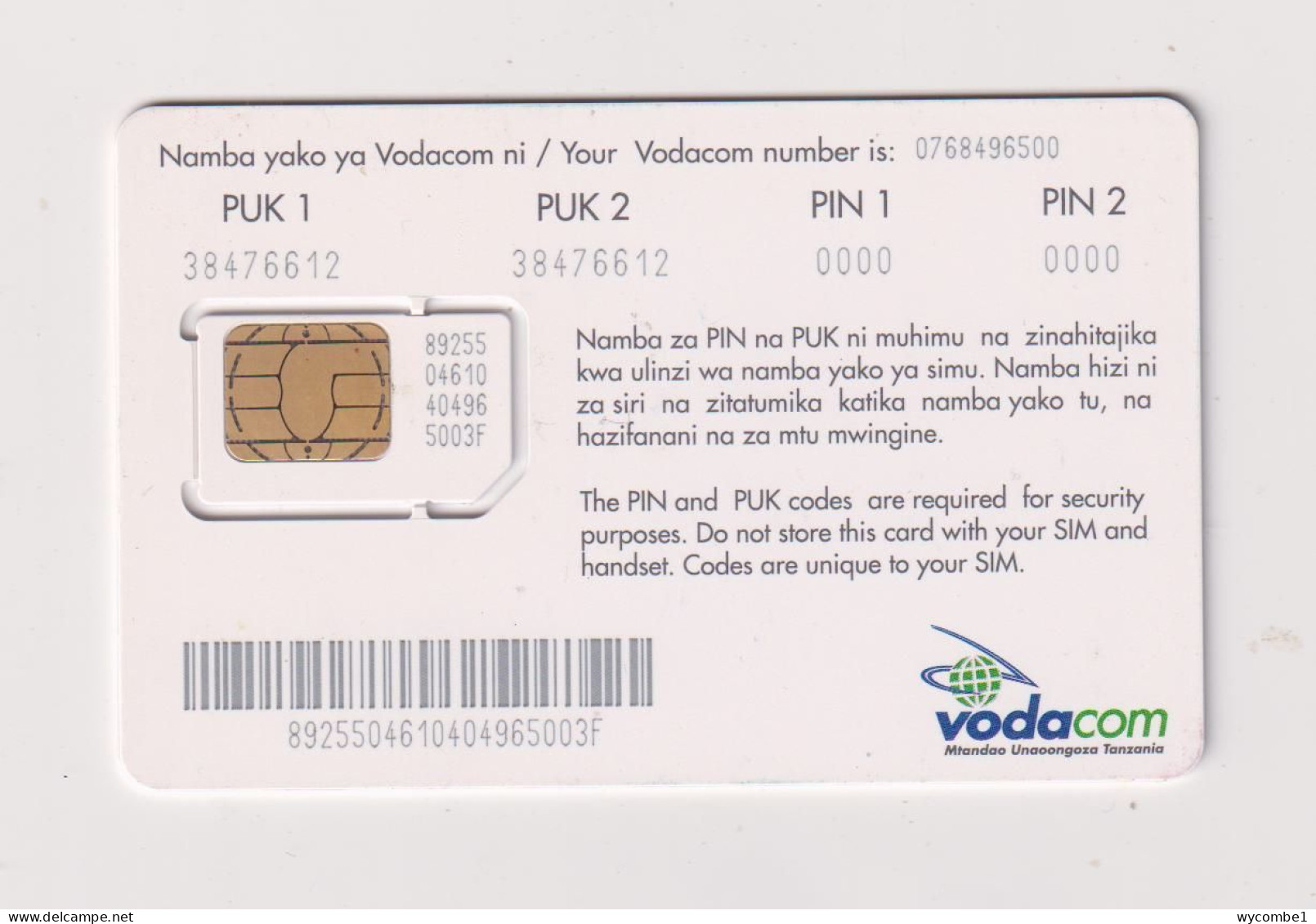 TANZANIA -  Vodacom Unused Chip SIM Phonecard - Tansania