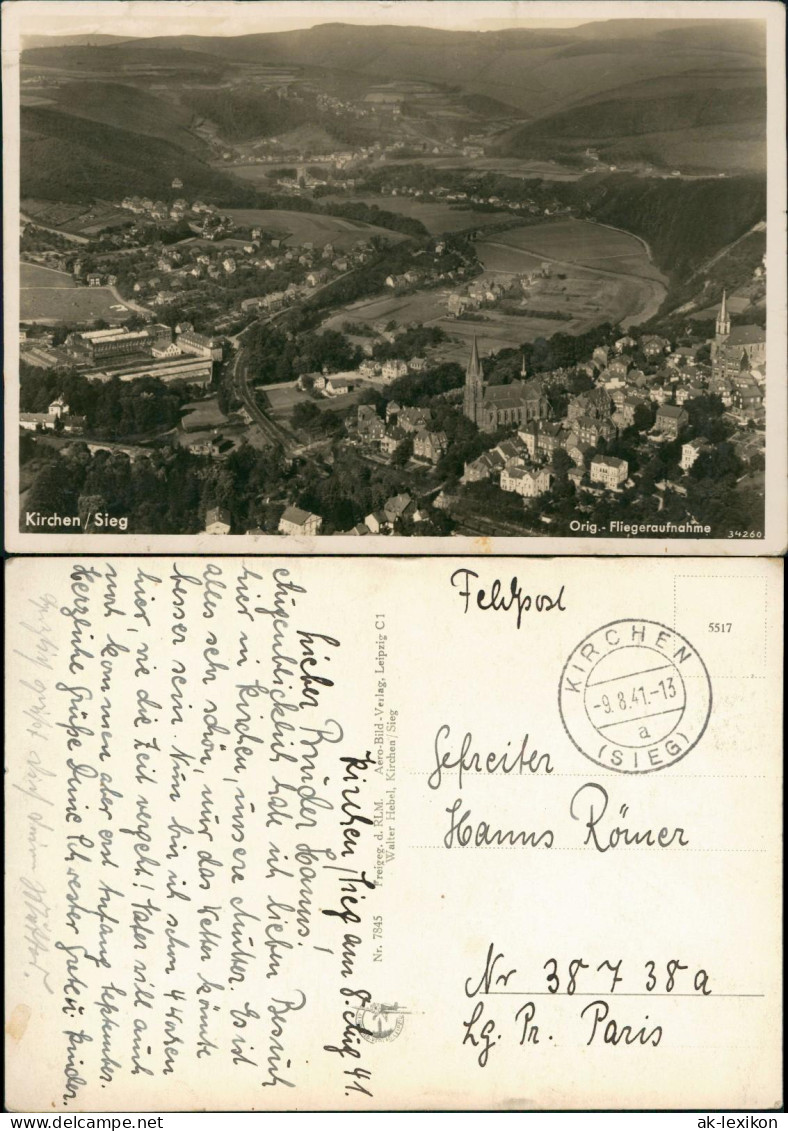 Ansichtskarte Kirchen (Sieg) Luftbild Luftaufnahme 1941  Gel. Feldpost WK2 - Kirchen