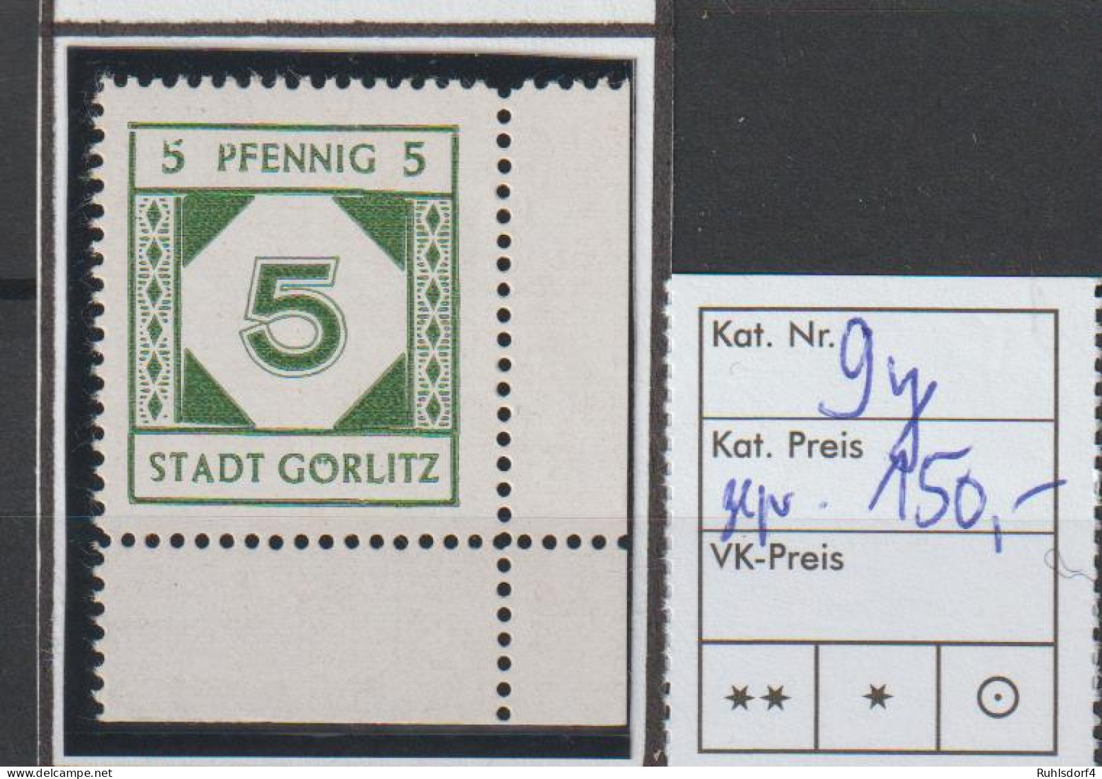 Görlitz 9y, Geprüft Kunz BPP, Eckrandstück, ** (MNH) - Neufs