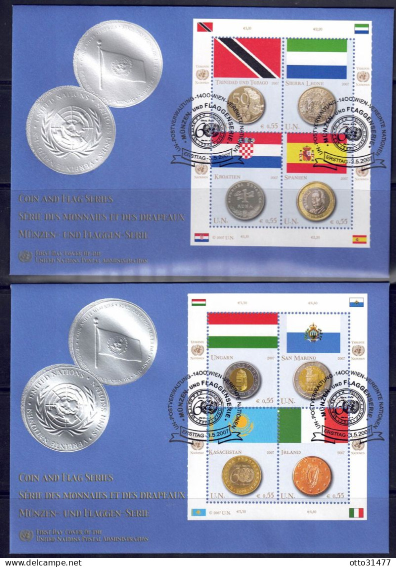 UNO Wien 2007 - Flaggen Und Münzen, FDC Mit 489 - 496 - FDC