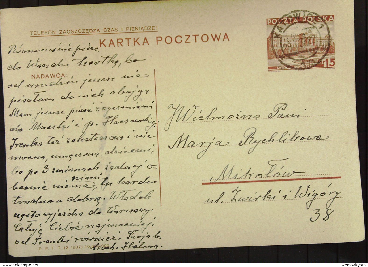 Polen: Ganzsachen-Postkarte Mit POCZTA POLSKA 15 Gr Aus KATOWICE Vom 28.1.1938 - Covers & Documents