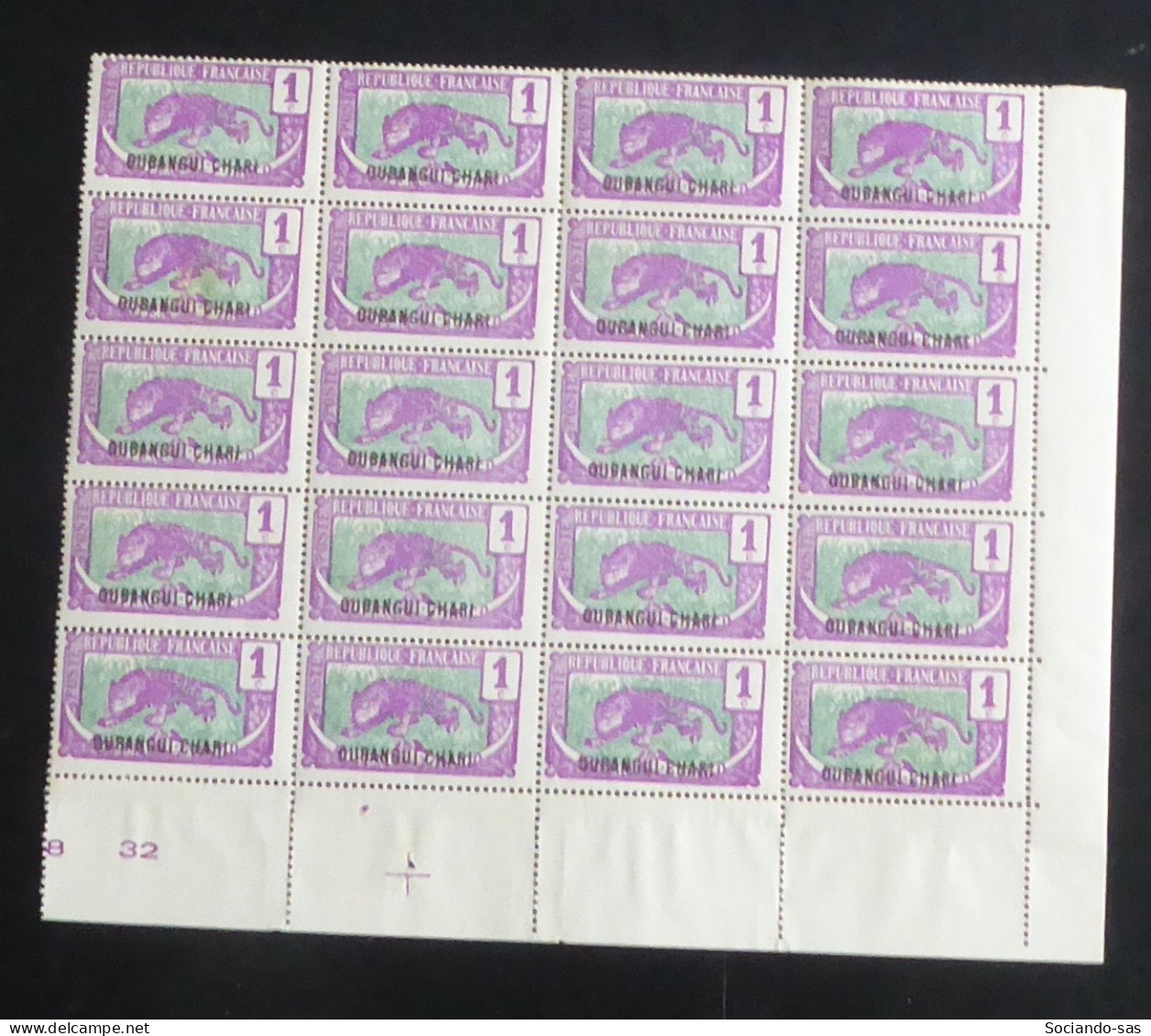 OUBANGUI - 1922 - N°YT. 25 - Panthère 1c Lilas - Bloc De 20 Bord De Feuille - Neuf Luxe** / MNH - Nuevos