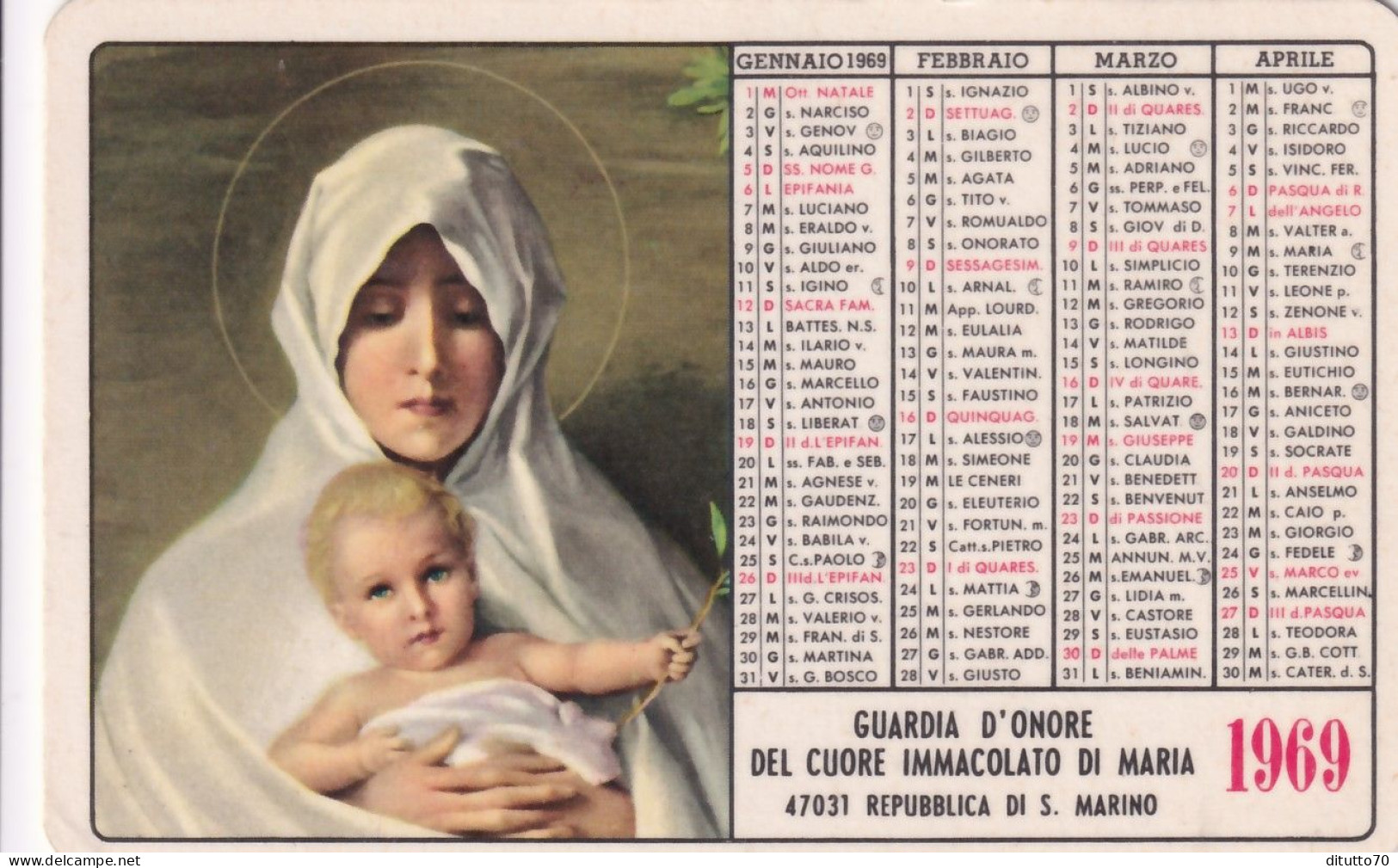 Calendarietto - Guardia D'onore Del Cuore Immacolato Di Maria - Repubblca Di S.marino - Anno 1969 - Petit Format : 1961-70