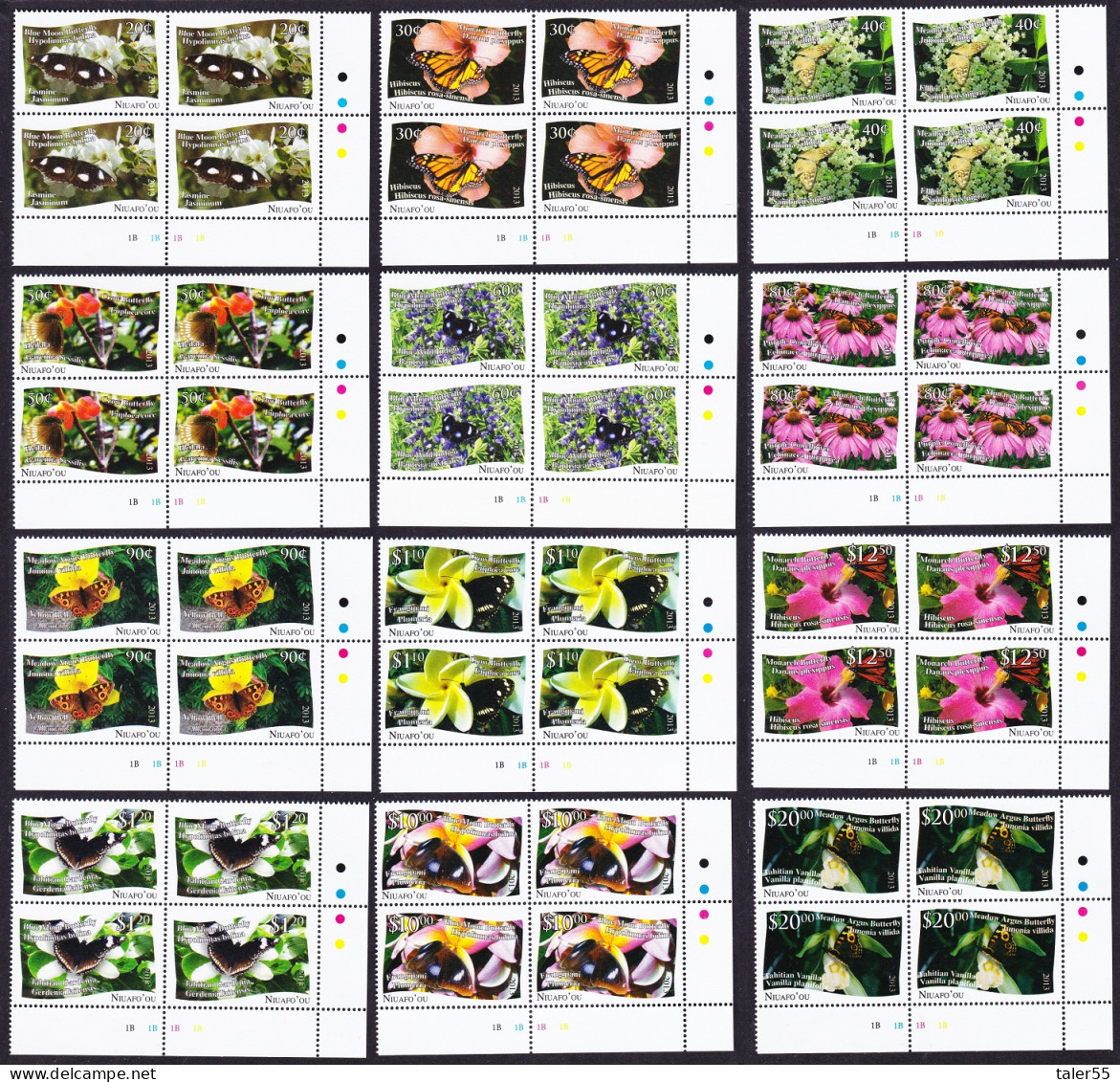 Niuafo'Ou Butterflies And Plants 12v Bottom Corner Blocks Of 4 2013 MNH SG#379-390 Sc#301-312 - Tonga (1970-...)