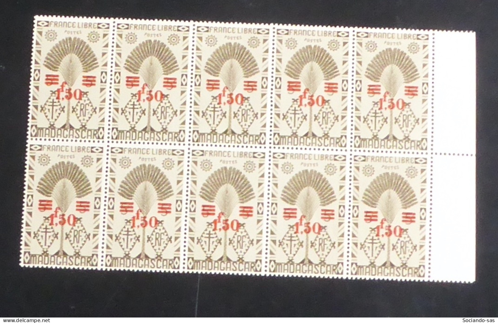 MADAGASCAR - 1944 - N°YT. 286 - Ravenala 1f50 Sur 5c - Bloc De 10 Bord De Feuille - Neuf Luxe** / MNH - Ongebruikt