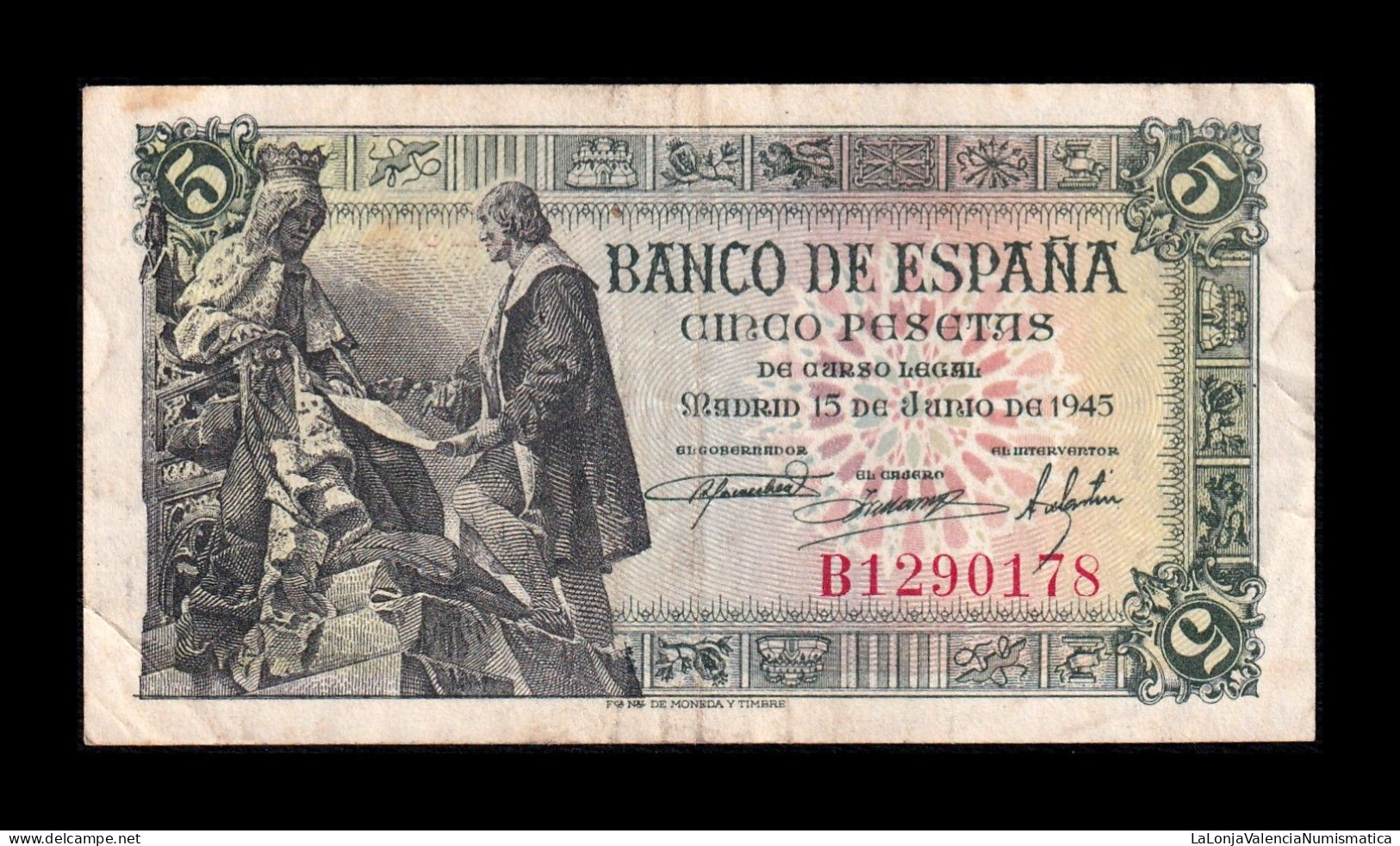 España Spain 5 Pesetas Capitulaciones 1945 Pick 129a Serie B Mbc Vf - 5 Pesetas