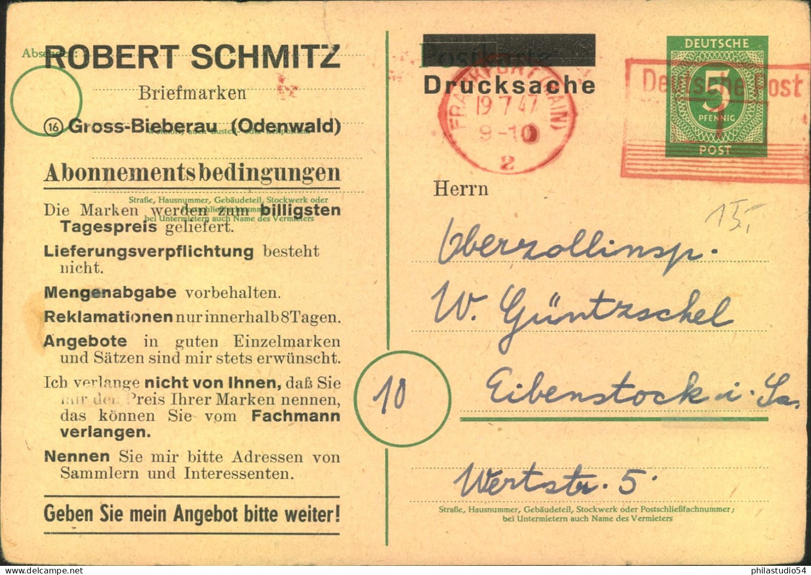 1947, 5 Pfg. GSK Mit Freistempe FRANKFURT Und Werbezudruck Gelaufen Nach Eibenstroh - Cartas & Documentos