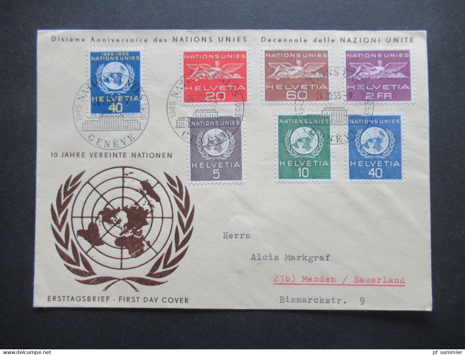 Schweiz 1955 UNO Nations Unies FDC 10 Jahre Vereinte Nationen Mi.Nr.22 / 27 Nach Menden Sauerland Gesendet - ONU