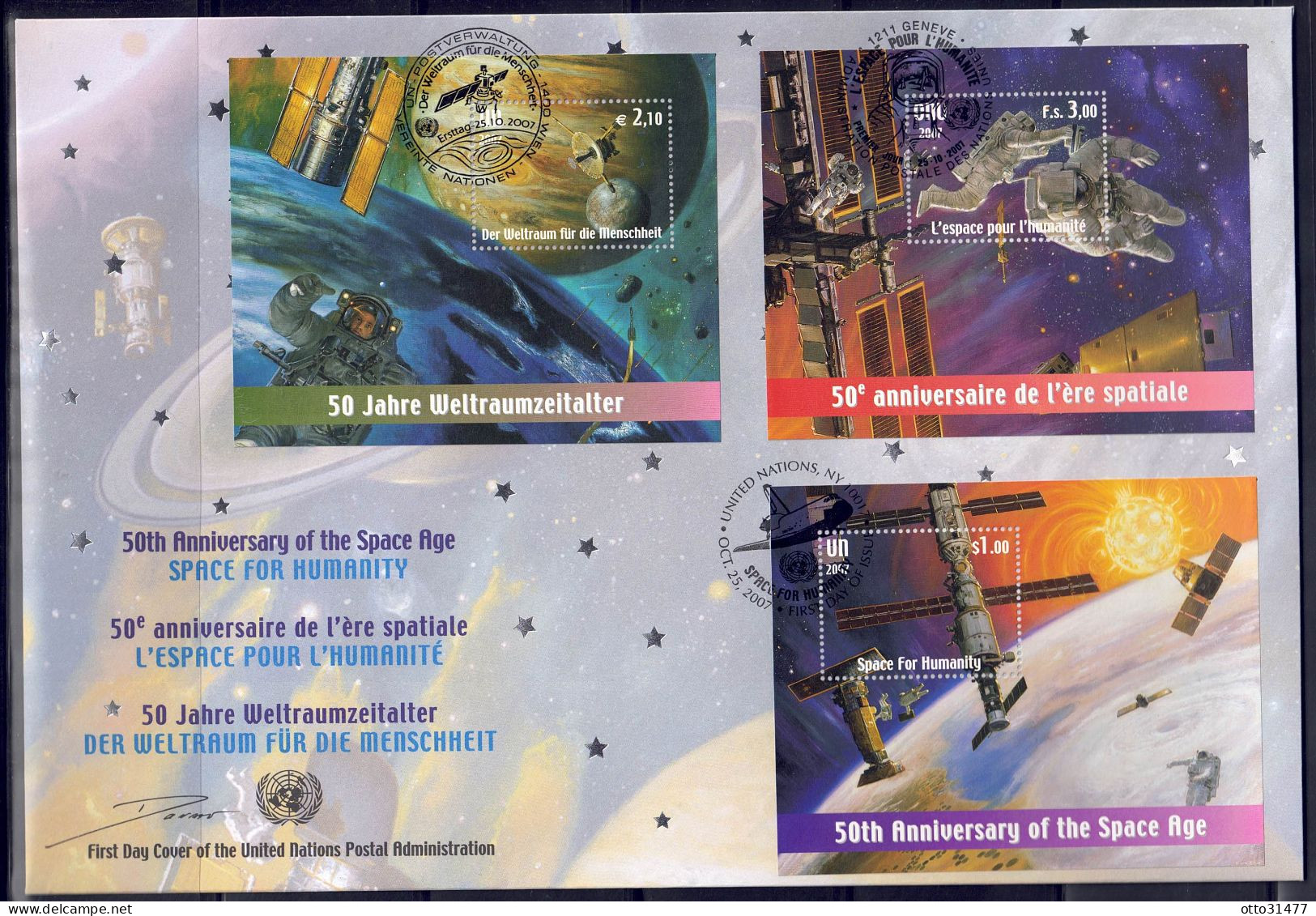 UNO Wien 2007 - 50 Jahre Weltraumfahrt, 3-Länder-FDC Mit Block 21 - FDC