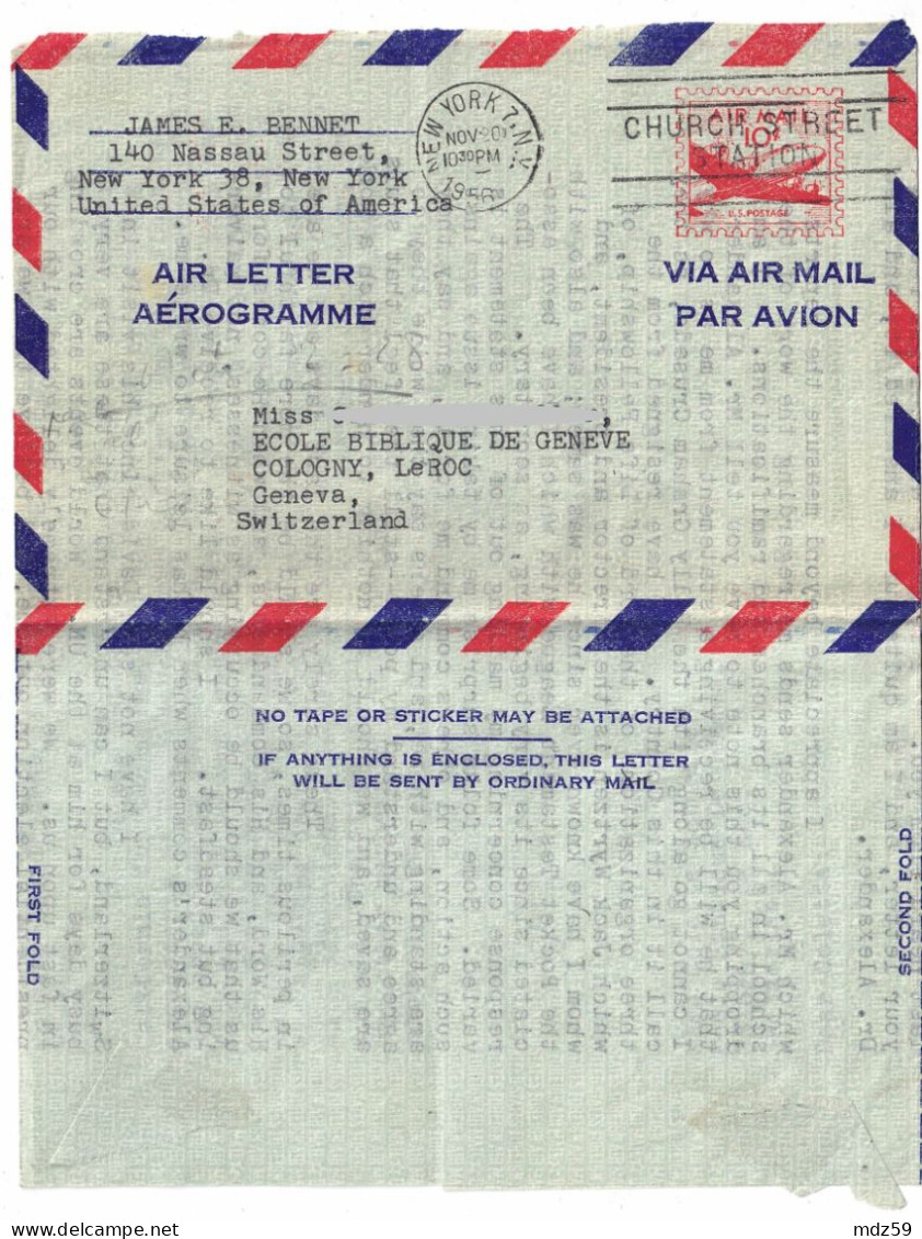Aérogramme De New York Pour Genève - Other & Unclassified