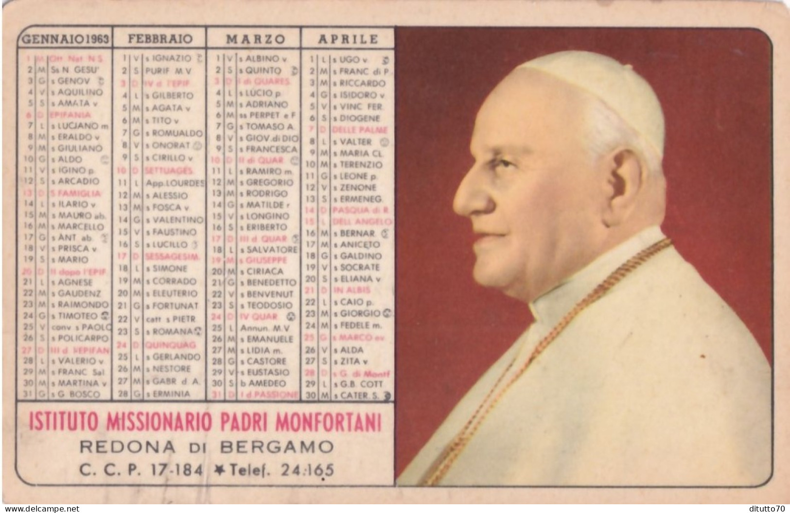 Calendarietto - Istituto Missionario Padri Monfortani Redona Di Bergamo - Roma - Anno 1962 - Kleinformat : 1961-70